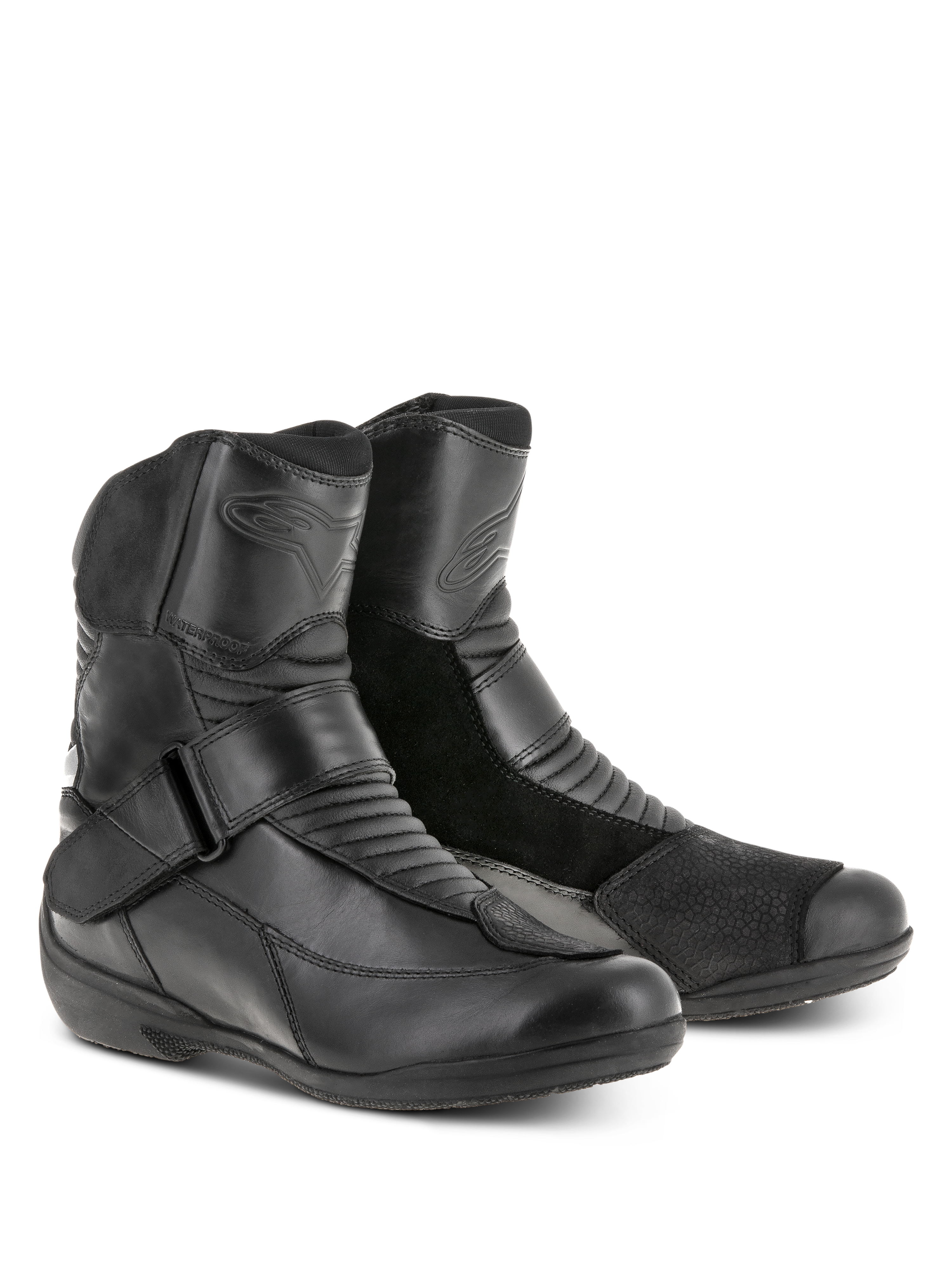 Botas Alpinestars Stella Valencia Waterproof para mujer, negras, botas de touring de corte bajo con paneles de cuero y ante, zonas de flexión en acordeón y correa con hebilla en el empeine, calzado impermeable de motociclismo para mujer