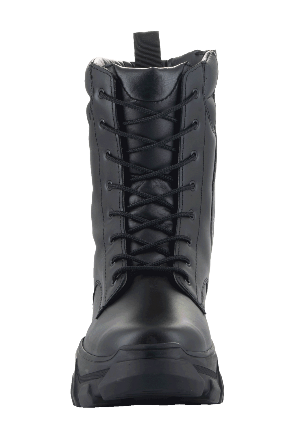 Botas Alpinestars Ava para mujer, botas urbanas para motocicleta, negras, vista frontal que muestra la confección en cuero de grano completo, cierre de cordones y suela elevada y robusta, estilo utilitario y resistente para la conducción de motocicletas