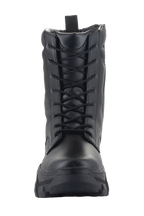 Botas Alpinestars Ava para mujer, botas urbanas para motocicleta, negras, vista frontal que muestra la confección en cuero de grano completo, cierre de cordones y suela elevada y robusta, estilo utilitario y resistente para la conducción de motocicletas