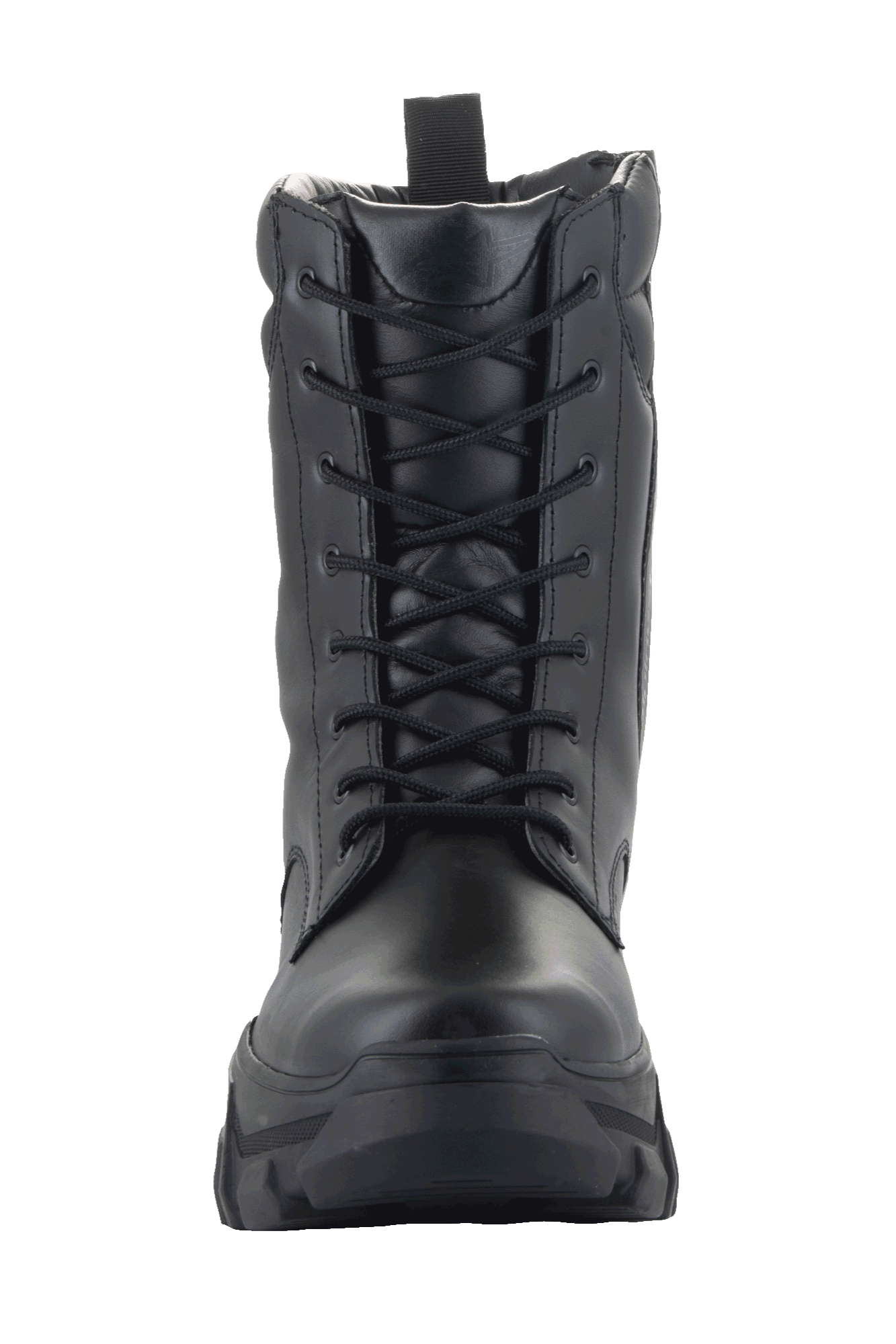 Botas Alpinestars Ava para mujer, botas urbanas para motocicleta, negras, vista frontal que muestra la confección en cuero de grano completo, cierre de cordones y suela elevada y robusta, estilo utilitario y resistente para la conducción de motocicletas