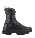 Botas Alpinestars Ava para mujer, botas urbanas de moto, negras, vista de perfil lateral, suela de goma elevada y robusta, construcción en cuero de grano completo, cierre de cordones, diseño de inspiración utilitaria para usar dentro y fuera de la moto