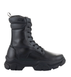 Botas Alpinestars Ava para mujer, botas urbanas de moto, negras, vista de perfil lateral, suela de goma elevada y robusta, construcción en cuero de grano completo, cierre de cordones, diseño de inspiración utilitaria para usar dentro y fuera de la moto