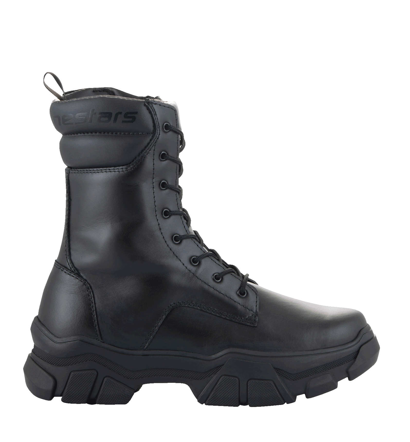 Botas Alpinestars Ava para mujer, botas urbanas de moto, negras, vista de perfil lateral, suela de goma elevada y robusta, construcción en cuero de grano completo, cierre de cordones, diseño de inspiración utilitaria para usar dentro y fuera de la moto
