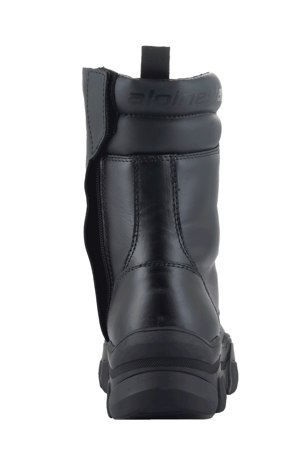 Alpinestars Botas Ava para Mujer, color negro, vista trasera que muestra la suela de goma elevada y robusta y cremallera lateral, construcción de cuero de grano completo con cuello acolchado y logotipo en relieve, calzado urbano para motociclismo.