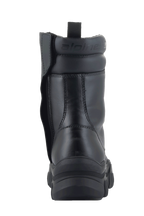 Alpinestars Botas Ava para Mujer, color negro, vista trasera que muestra la suela de goma elevada y robusta y cremallera lateral, construcción de cuero de grano completo con cuello acolchado y logotipo en relieve, calzado urbano para motociclismo.