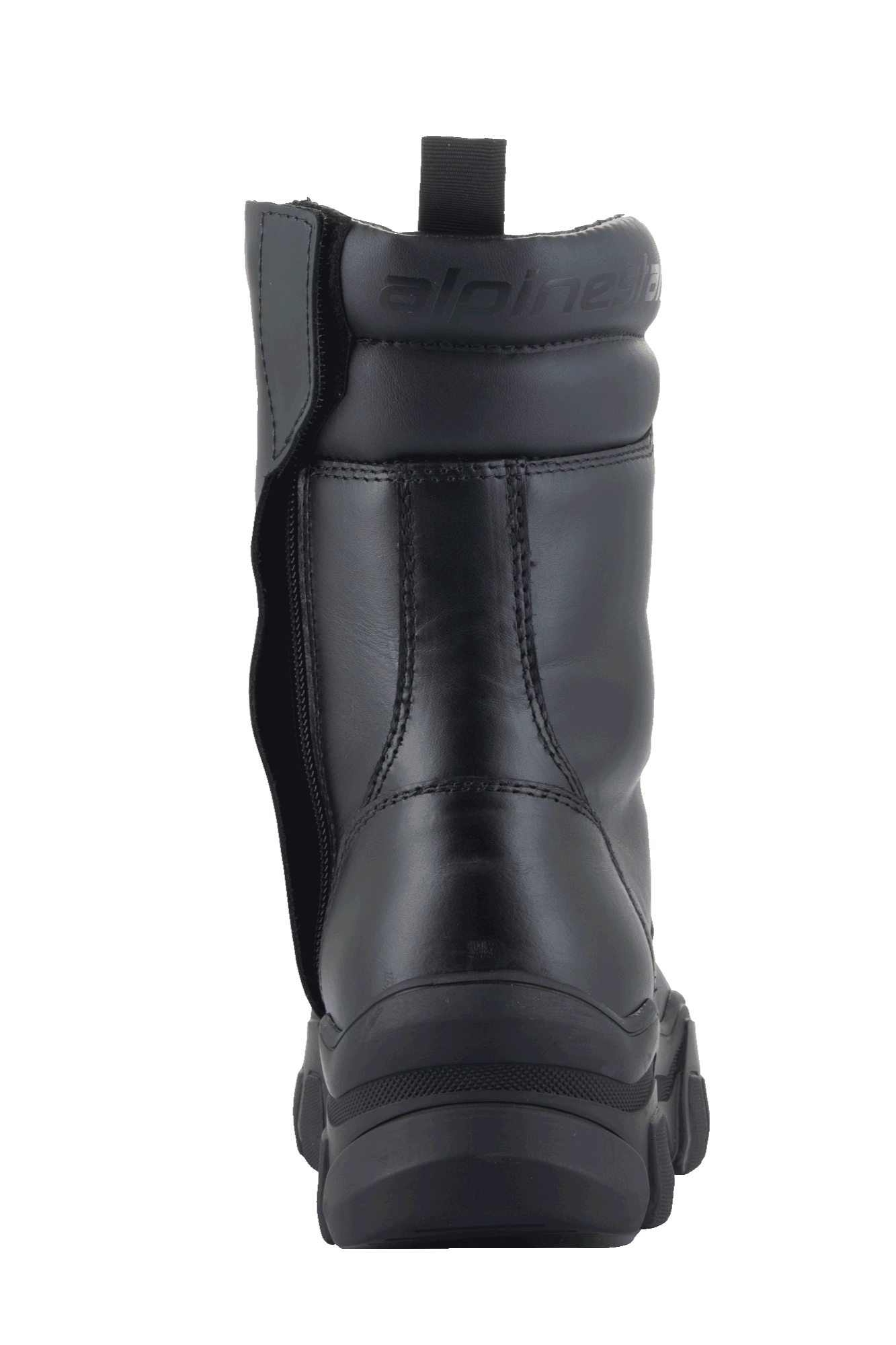 Alpinestars Botas Ava para Mujer, color negro, vista trasera que muestra la suela de goma elevada y robusta y cremallera lateral, construcción de cuero de grano completo con cuello acolchado y logotipo en relieve, calzado urbano para motociclismo.