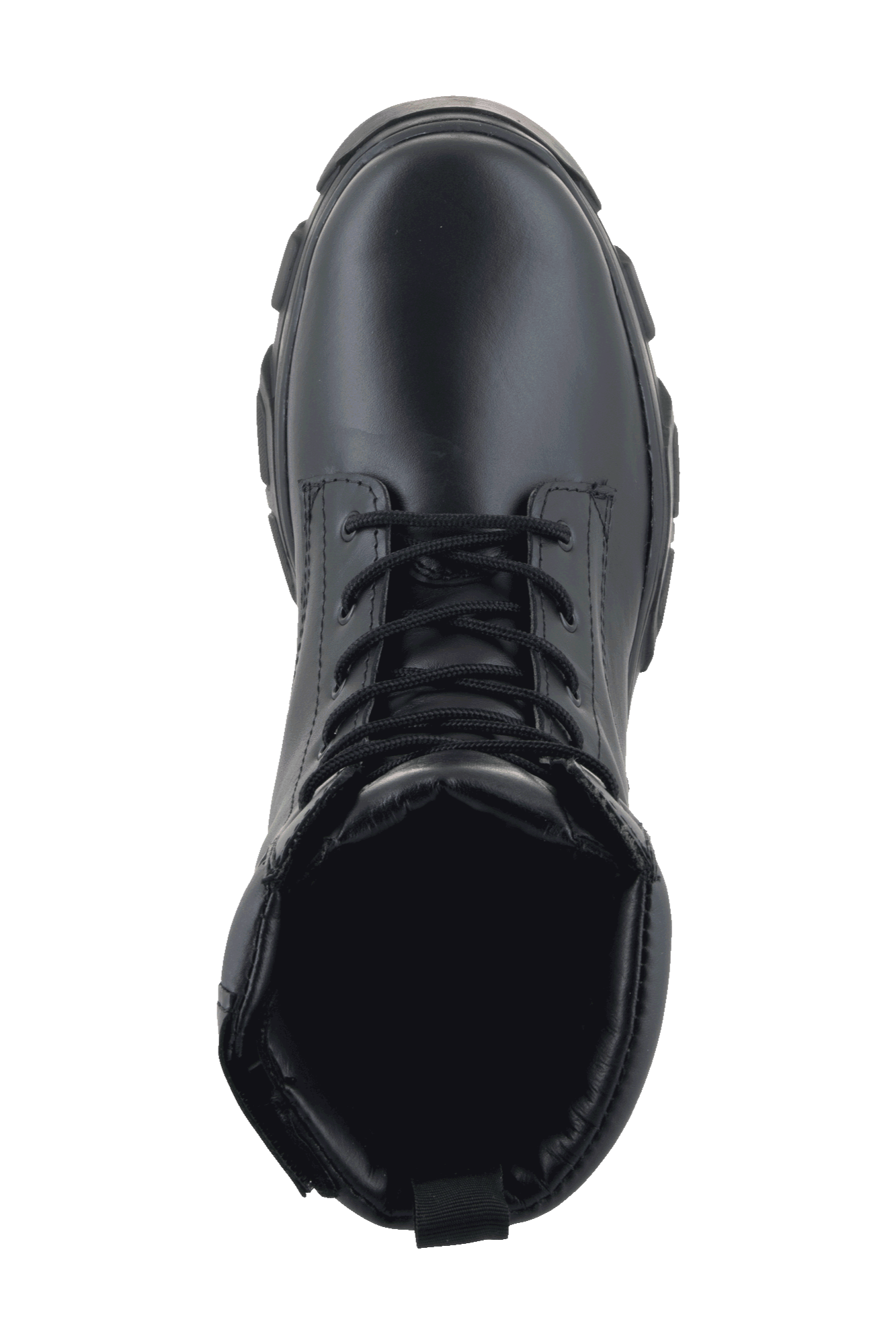 Botas Alpinestars Ava para mujer, botas urbanas de moto, color negro, vista superior que muestra el cierre de cordones y la suela de goma gruesa y elevada, diseño de estilo utilitario en cuero de grano completo