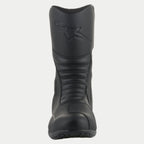 Alpinestars Origin Drystar® Boots, Black Motorcycle Touring Boots, front-facing view showing accordion flex zones, embossed logo on the shin, and durable microfiber construction with a synthetic shift pad.