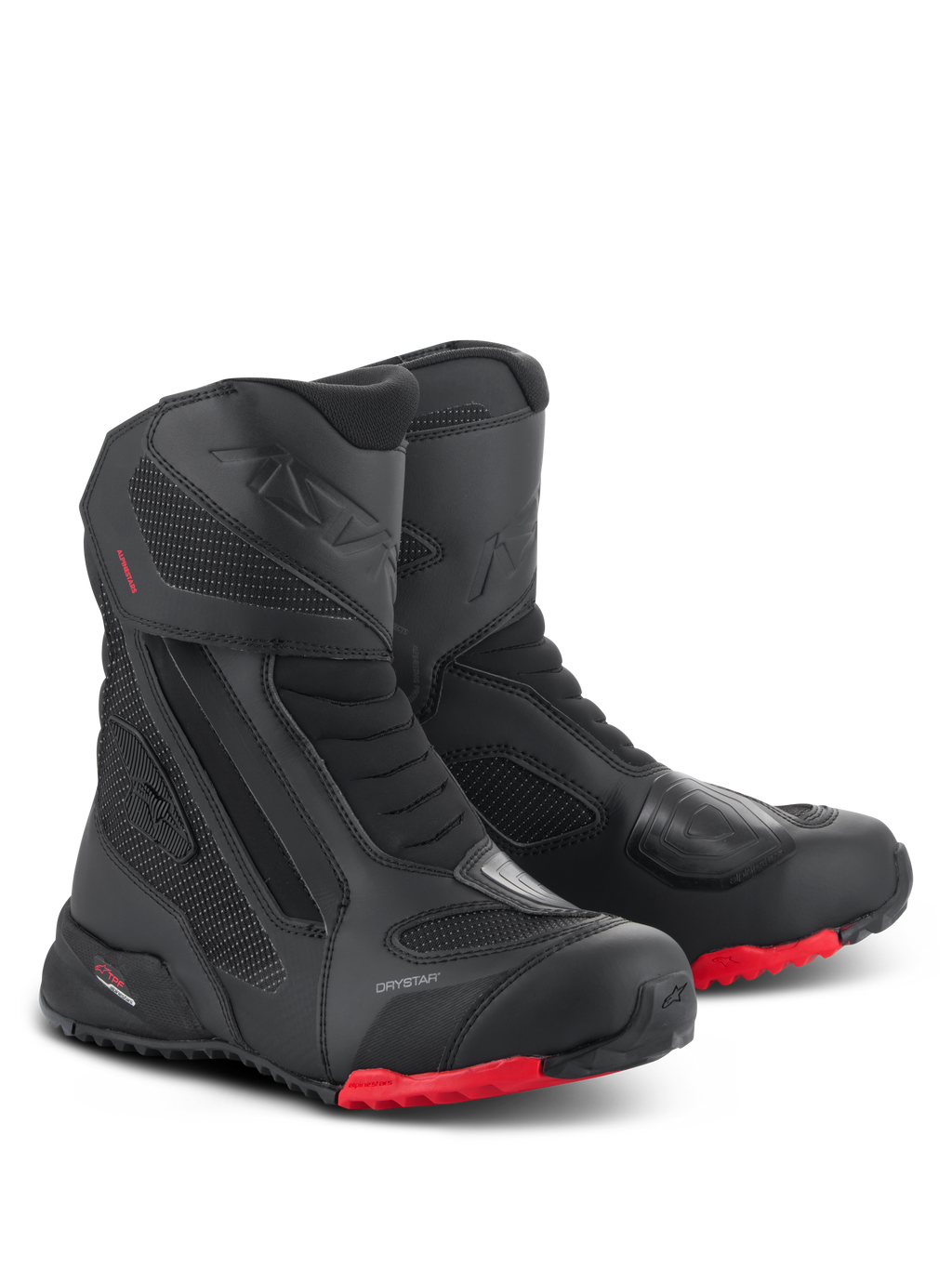 Botas Alpinestars RT-7 Drystar, botas de turismo para motocicleta, negro y rojo, con membrana impermeable Drystar, construcción duradera de textil y microfibra, suelas rojas con tacos y zonas protectoras reforzadas para aventuras en todo terreno