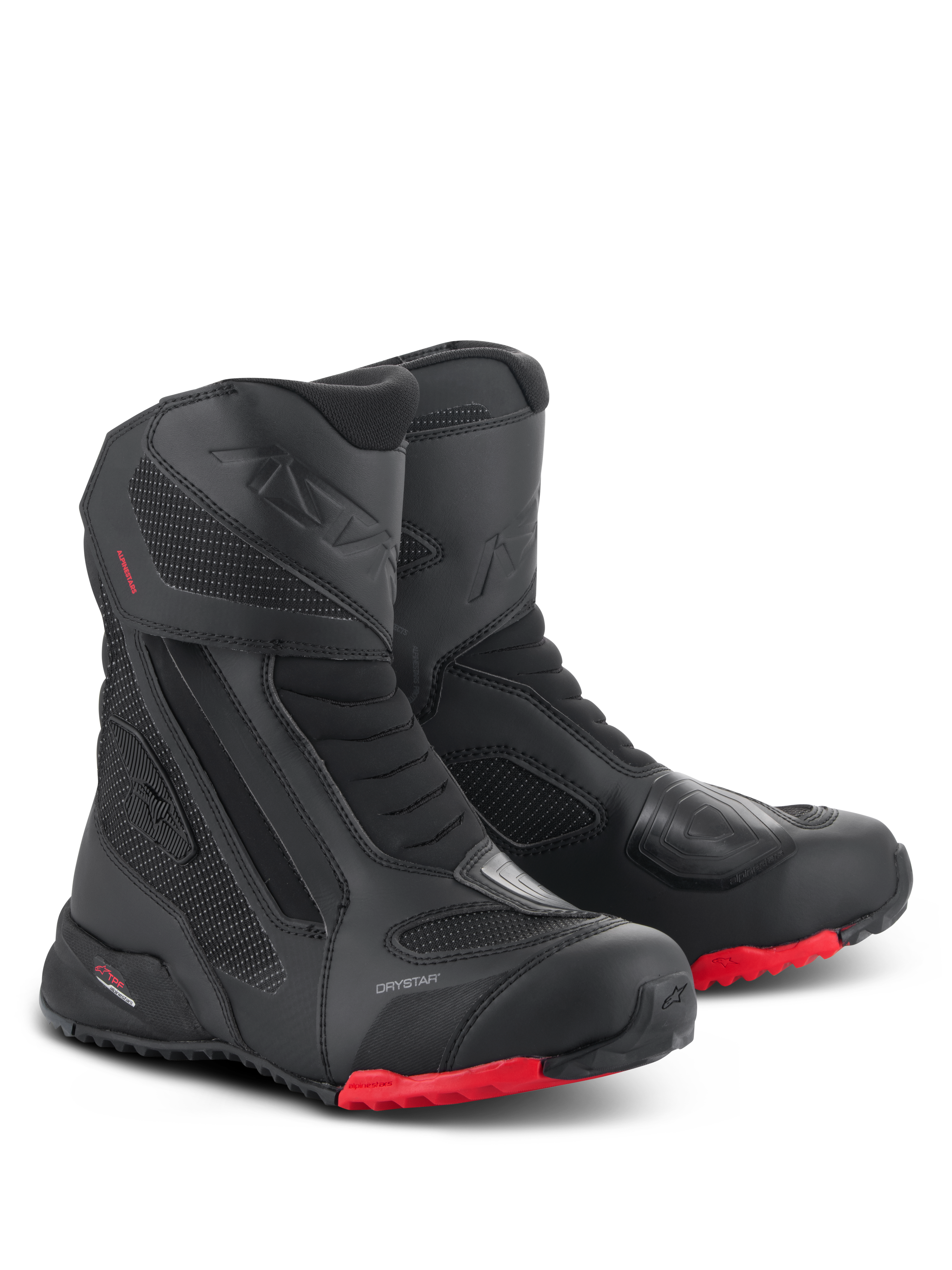 Botas Alpinestars RT-7 Drystar, botas de turismo para motocicleta, negro y rojo, con membrana impermeable Drystar, construcción duradera de textil y microfibra, suelas rojas con tacos y zonas protectoras reforzadas para aventuras en todo terreno