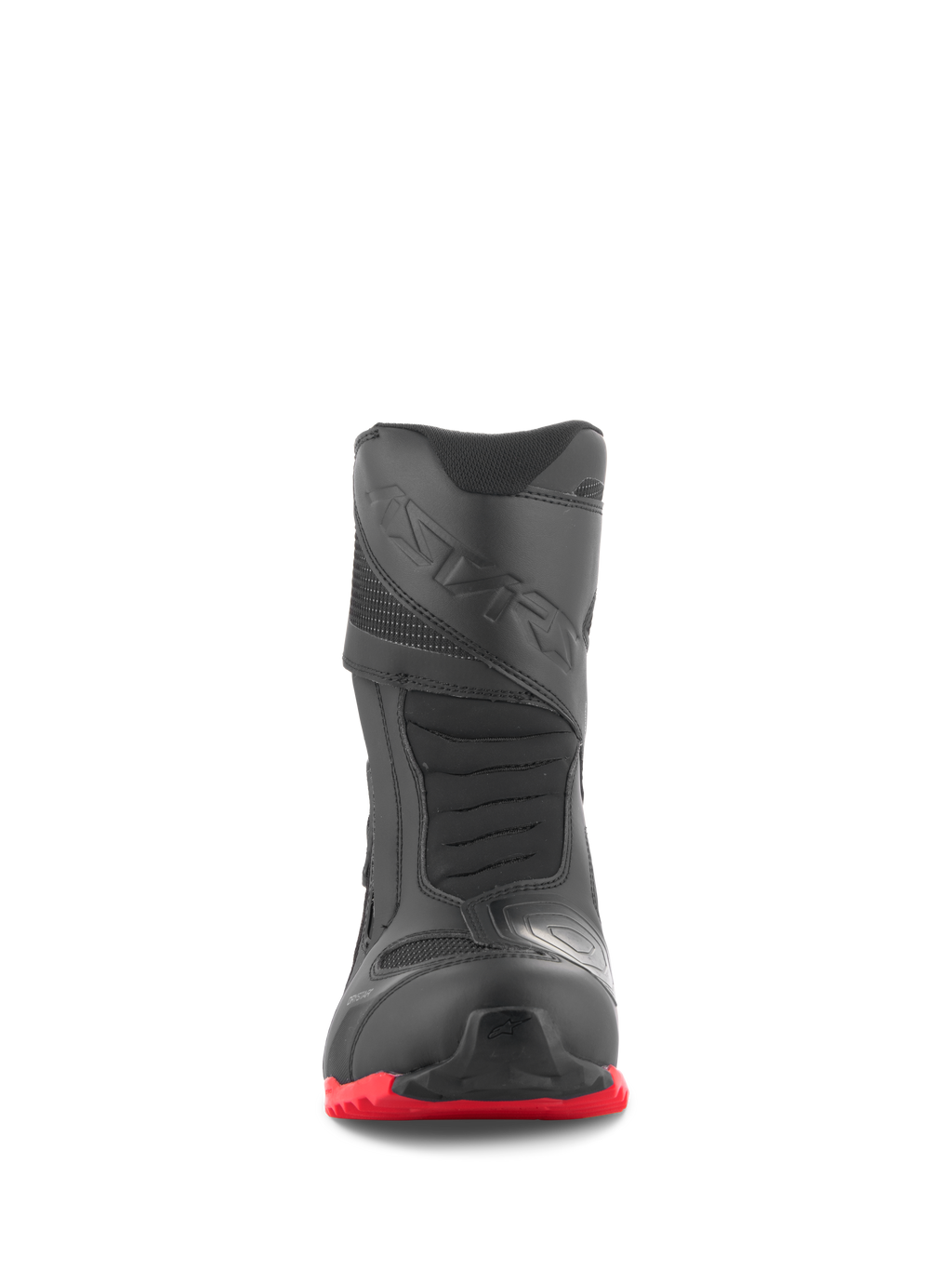 Botas Alpinestars RT-7 Drystar®, botas de turismo para motocicleta, negro y rojo, vista frontal, con puntera reforzada, almohadilla de cambio con impresión 3D y suela de tacos en rojo brillante, diseño de calzado impermeable para conducción de aventura.