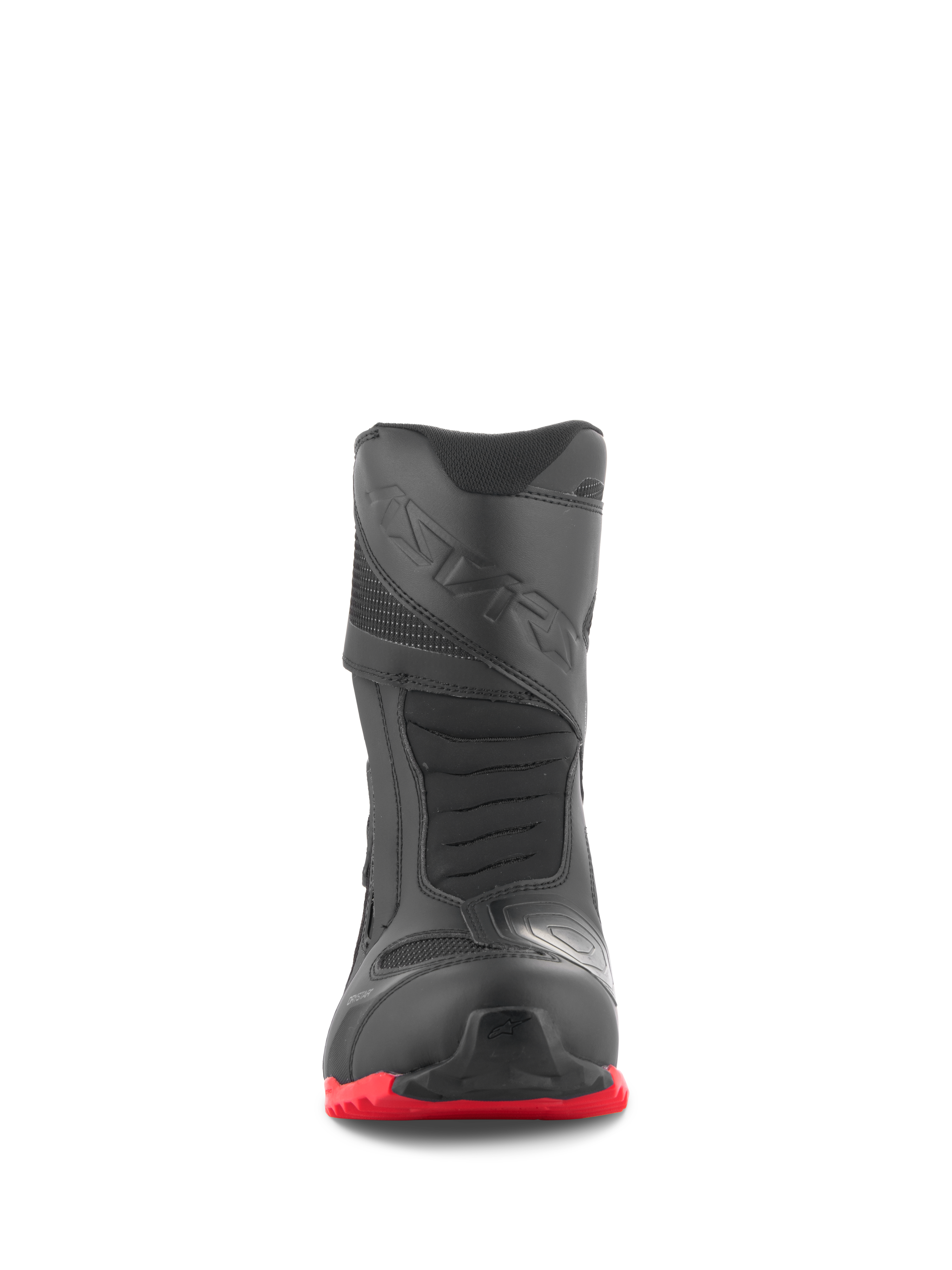 Botas Alpinestars RT-7 Drystar®, botas de turismo para motocicleta, negro y rojo, vista frontal, con puntera reforzada, almohadilla de cambio con impresión 3D y suela de tacos en rojo brillante, diseño de calzado impermeable para conducción de aventura.