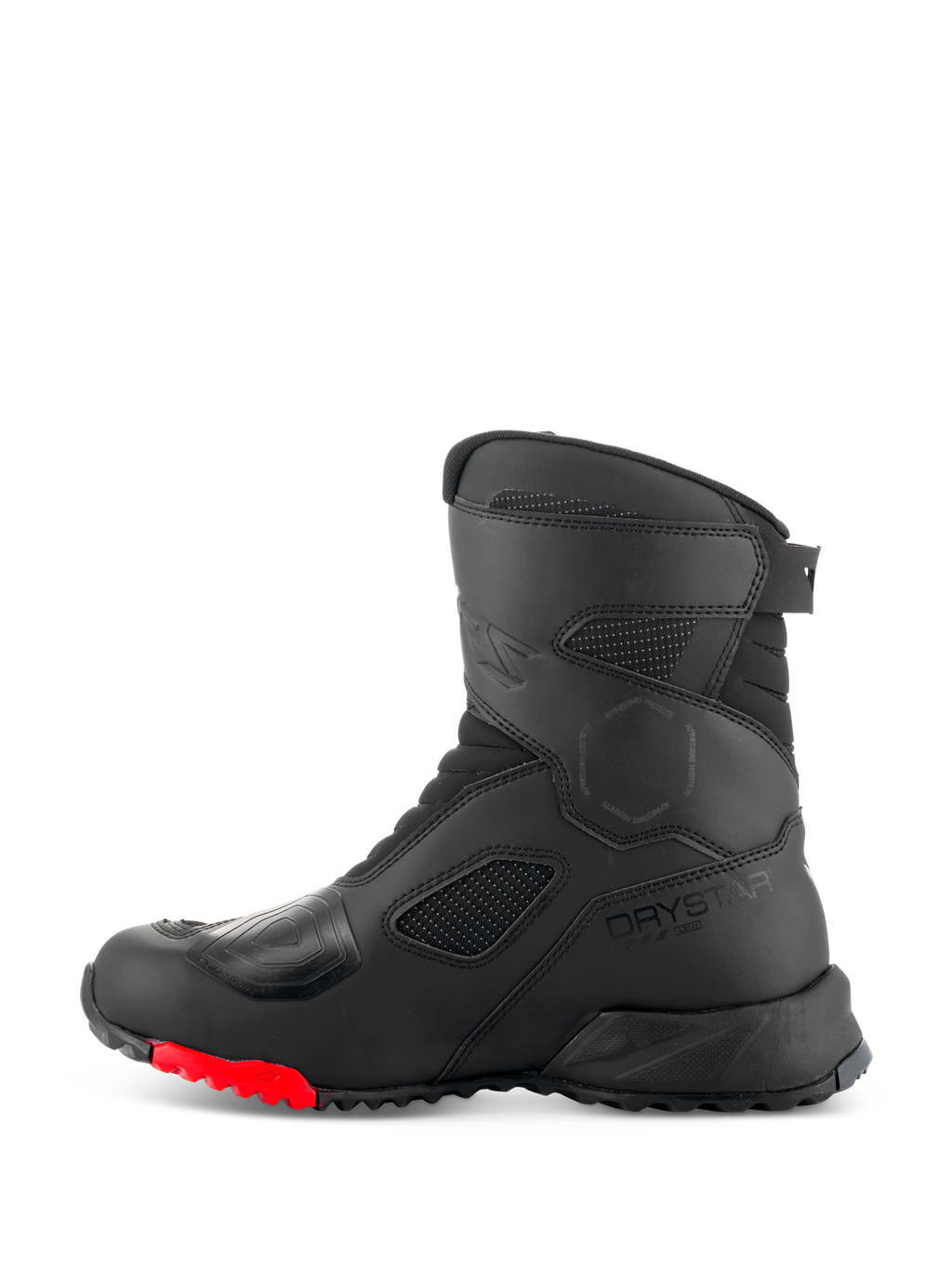 Botas Alpinestars RT-7 Drystar®, botas de motociclismo touring, negro y rojo, vista de perfil lateral con el logo Drystar, almohadilla de cambio reforzada y suela de tacos duradera con detalles en rojo para conducción de aventura.