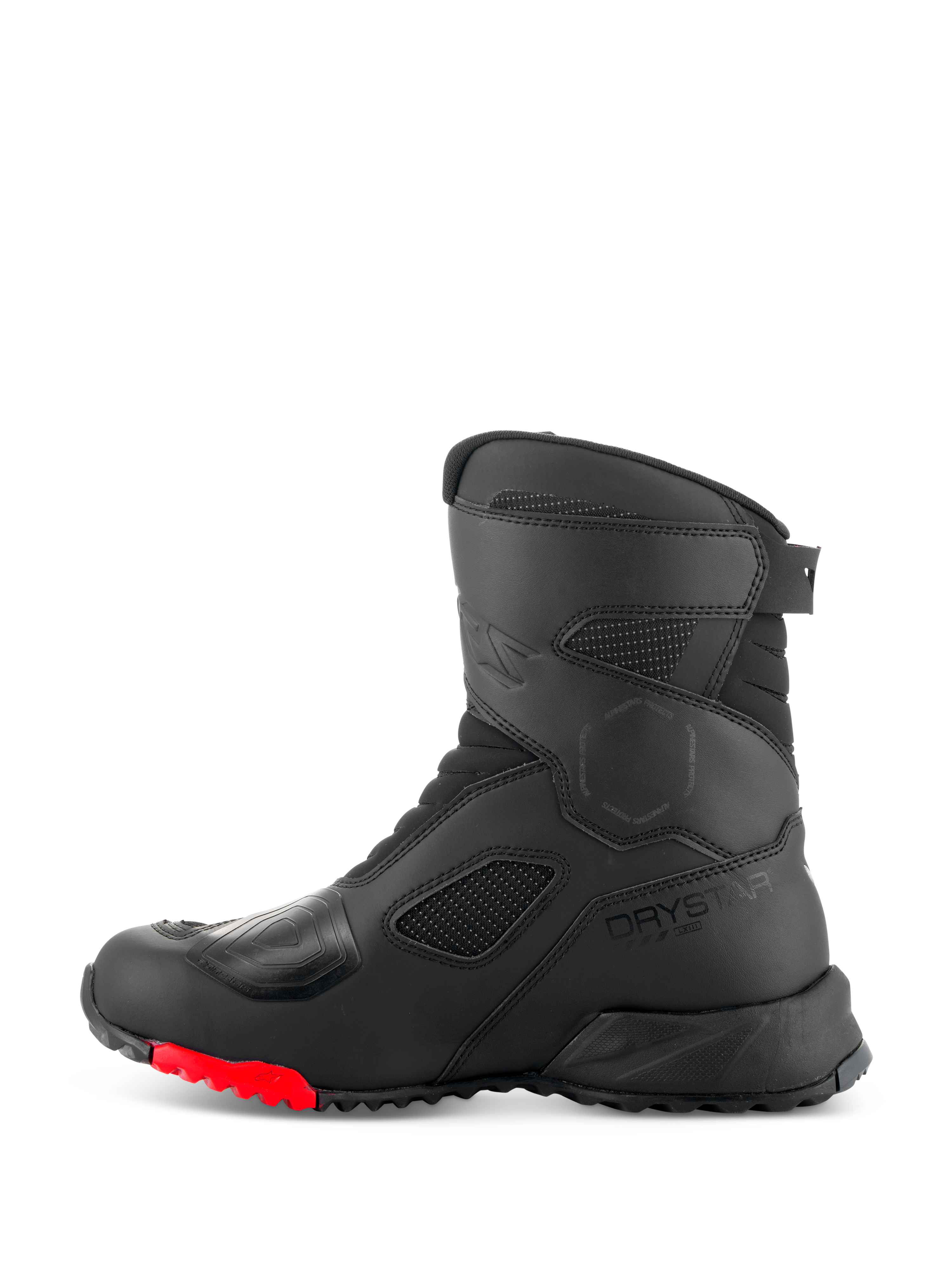 Botas Alpinestars RT-7 Drystar®, botas de motociclismo touring, negro y rojo, vista de perfil lateral con el logo Drystar, almohadilla de cambio reforzada y suela de tacos duradera con detalles en rojo para conducción de aventura.