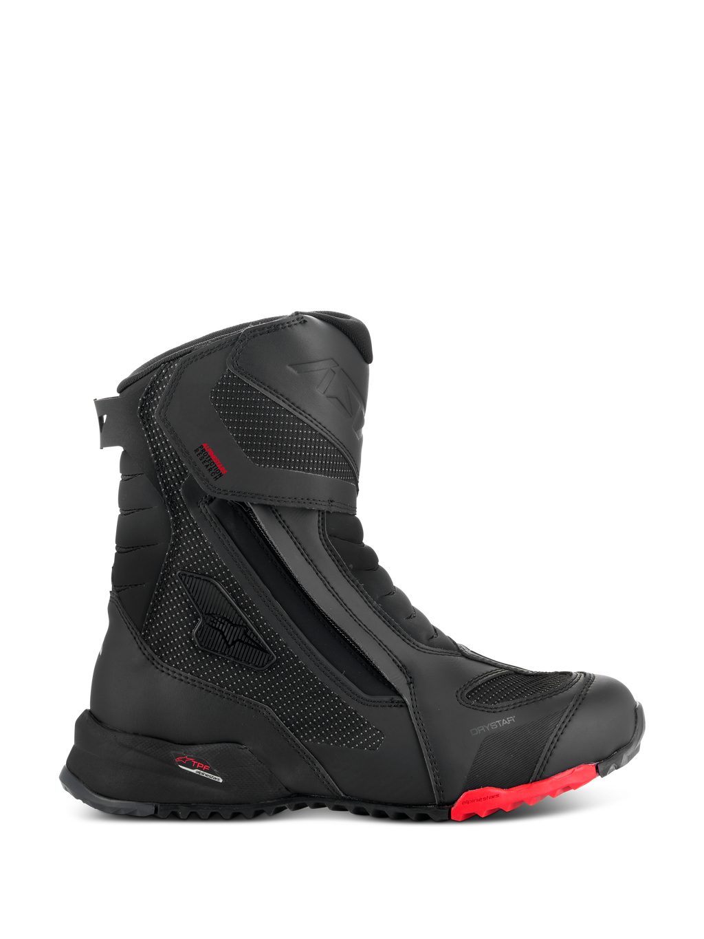Alpinestars RT-7 Drystar, botas de moto touring, negras con detalles rojos en la suela, impermeables y transpirables, perfil lateral con cremallera y cierre de gancho y lazo, paneles textiles con puntos reflectantes, suela de tacos robusta, construcción sintética avanzada