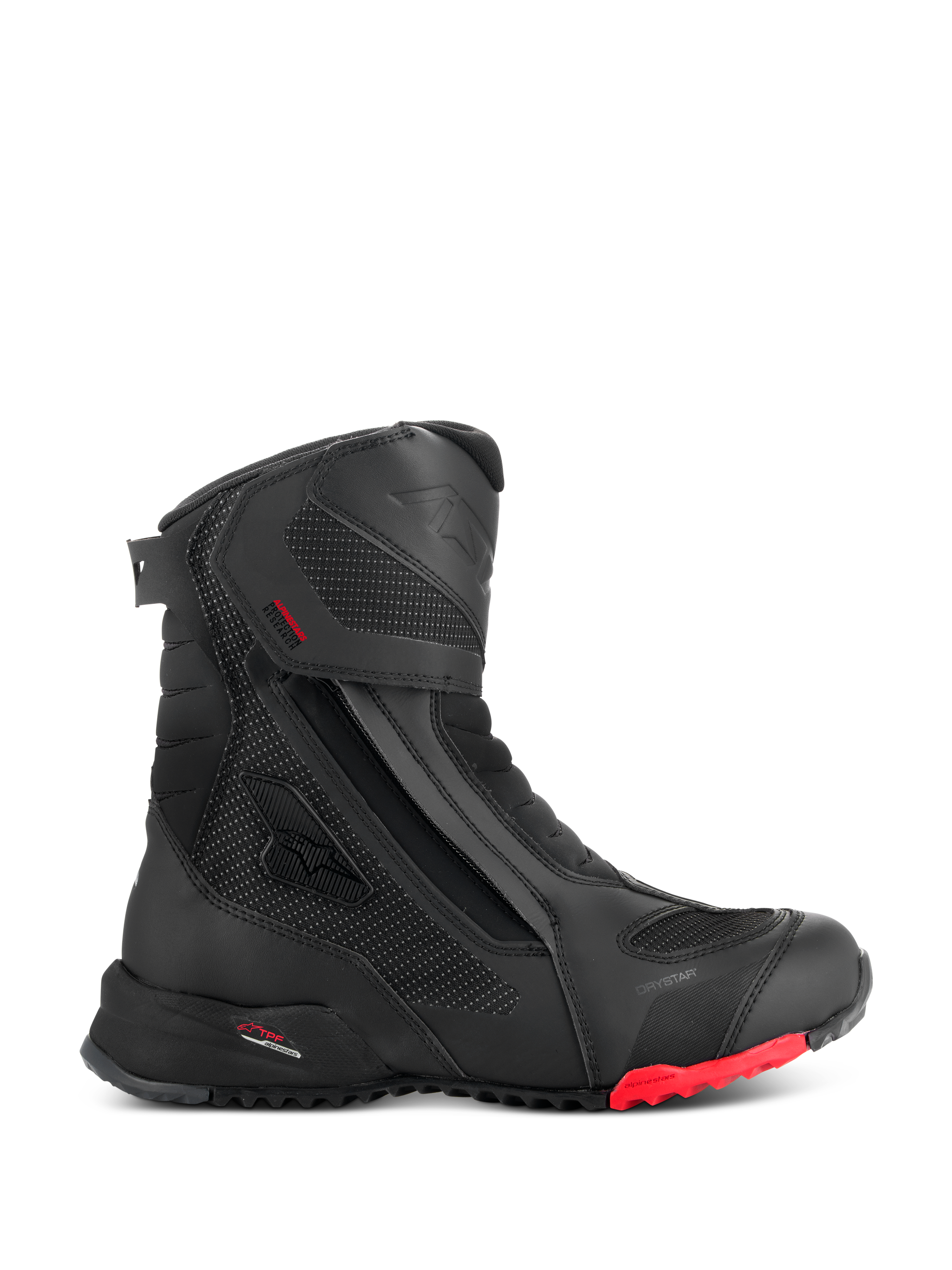 Alpinestars RT-7 Drystar, botas de moto touring, negras con detalles rojos en la suela, impermeables y transpirables, perfil lateral con cremallera y cierre de gancho y lazo, paneles textiles con puntos reflectantes, suela de tacos robusta, construcción sintética avanzada