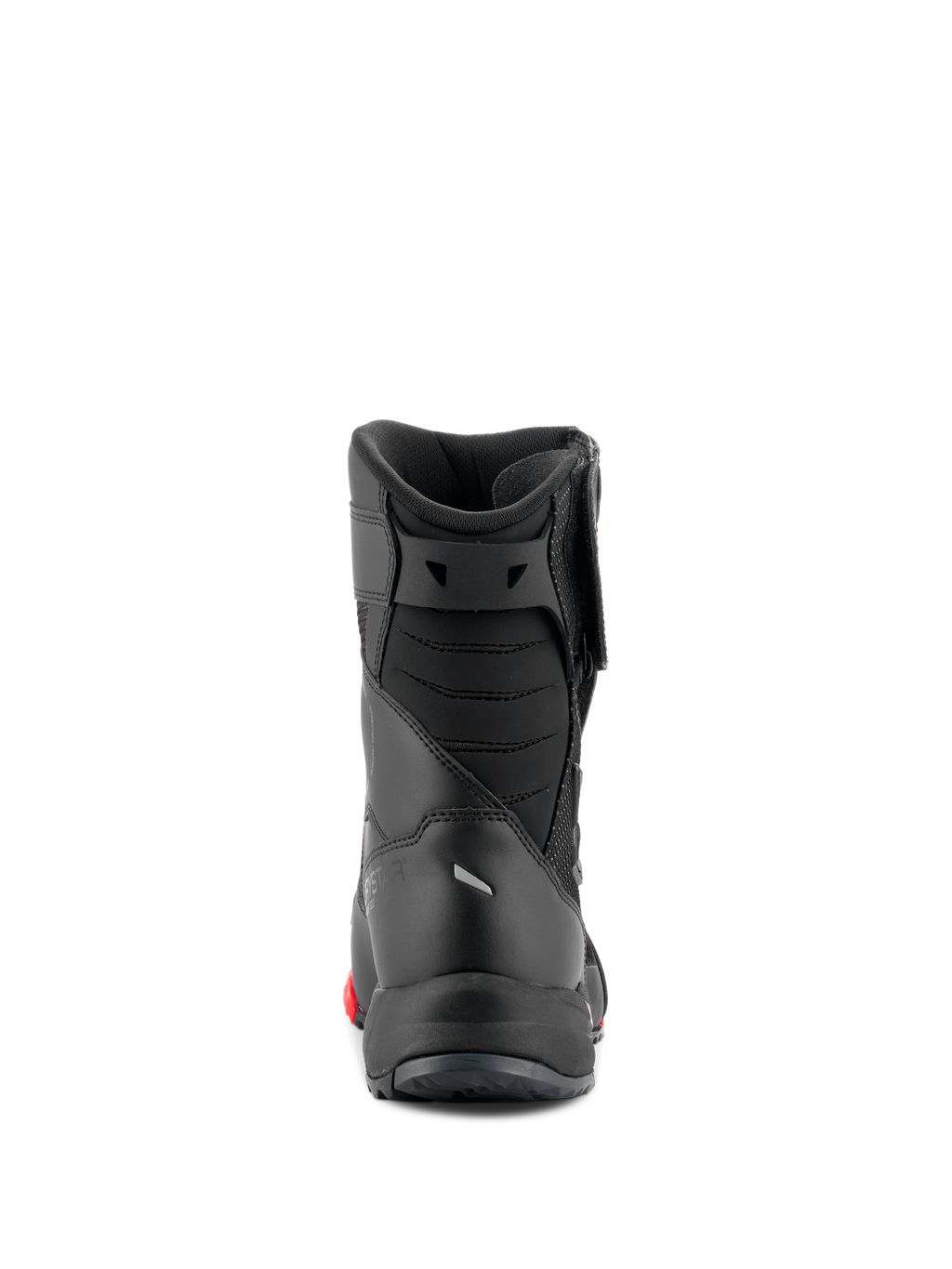 Botas Alpinestars RT-7 Drystar®, botas de moto touring, negro y rojo, vista trasera que muestra los fuelles acolchados del tendón de Aquiles y construcción estilizada, calzado protector impermeable para carretera y aventura