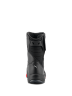 Botas Alpinestars RT-7 Drystar®, botas de moto touring, negro y rojo, vista trasera que muestra los fuelles acolchados del tendón de Aquiles y construcción estilizada, calzado protector impermeable para carretera y aventura