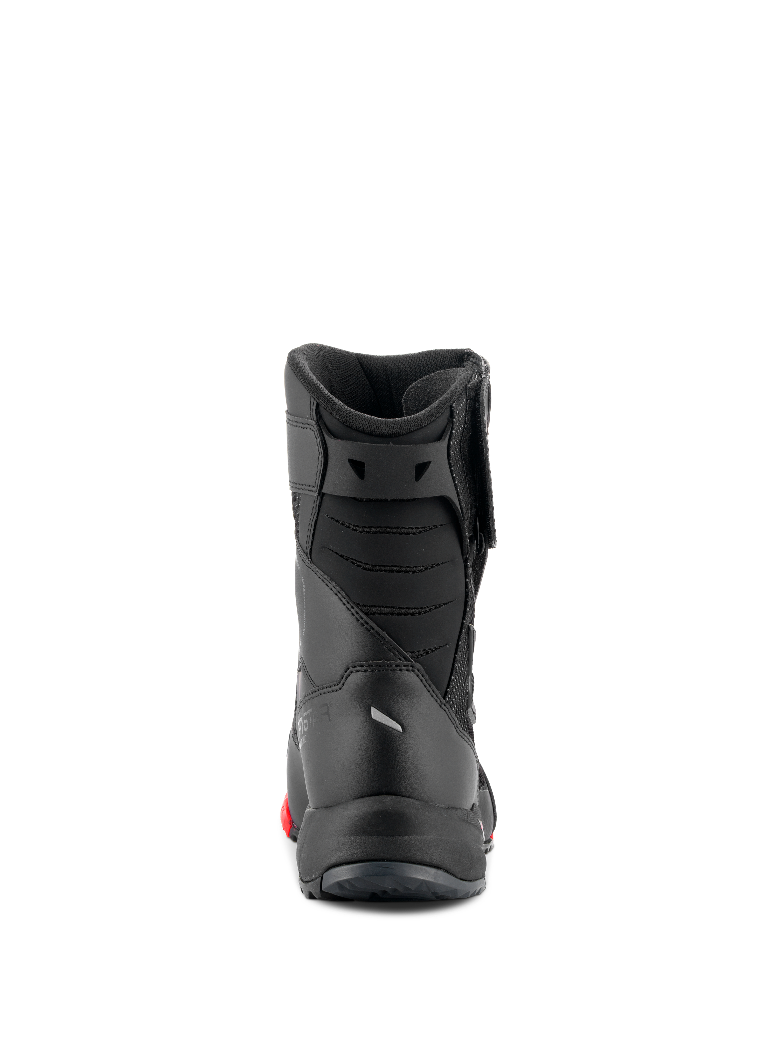 Botas Alpinestars RT-7 Drystar®, botas de moto touring, negro y rojo, vista trasera que muestra los fuelles acolchados del tendón de Aquiles y construcción estilizada, calzado protector impermeable para carretera y aventura