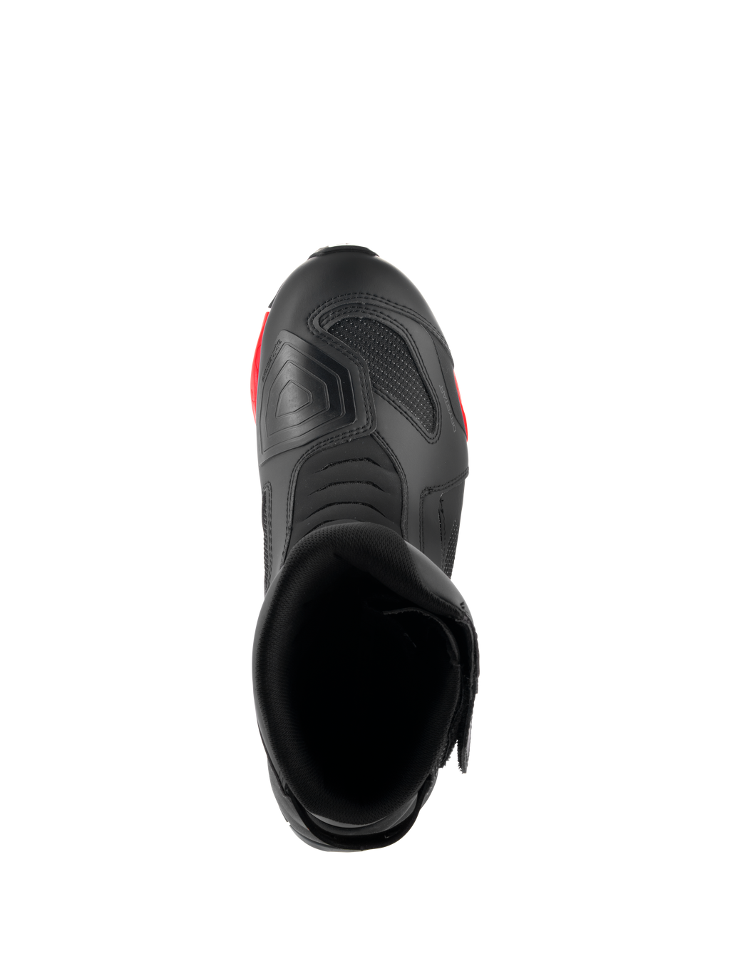 Botas Alpinestars RT-7 Drystar®, botas de turismo para moto, negro y rojo, vista superior que muestra la apertura de la bota, el interior y la almohadilla de cambio texturizada en la puntera