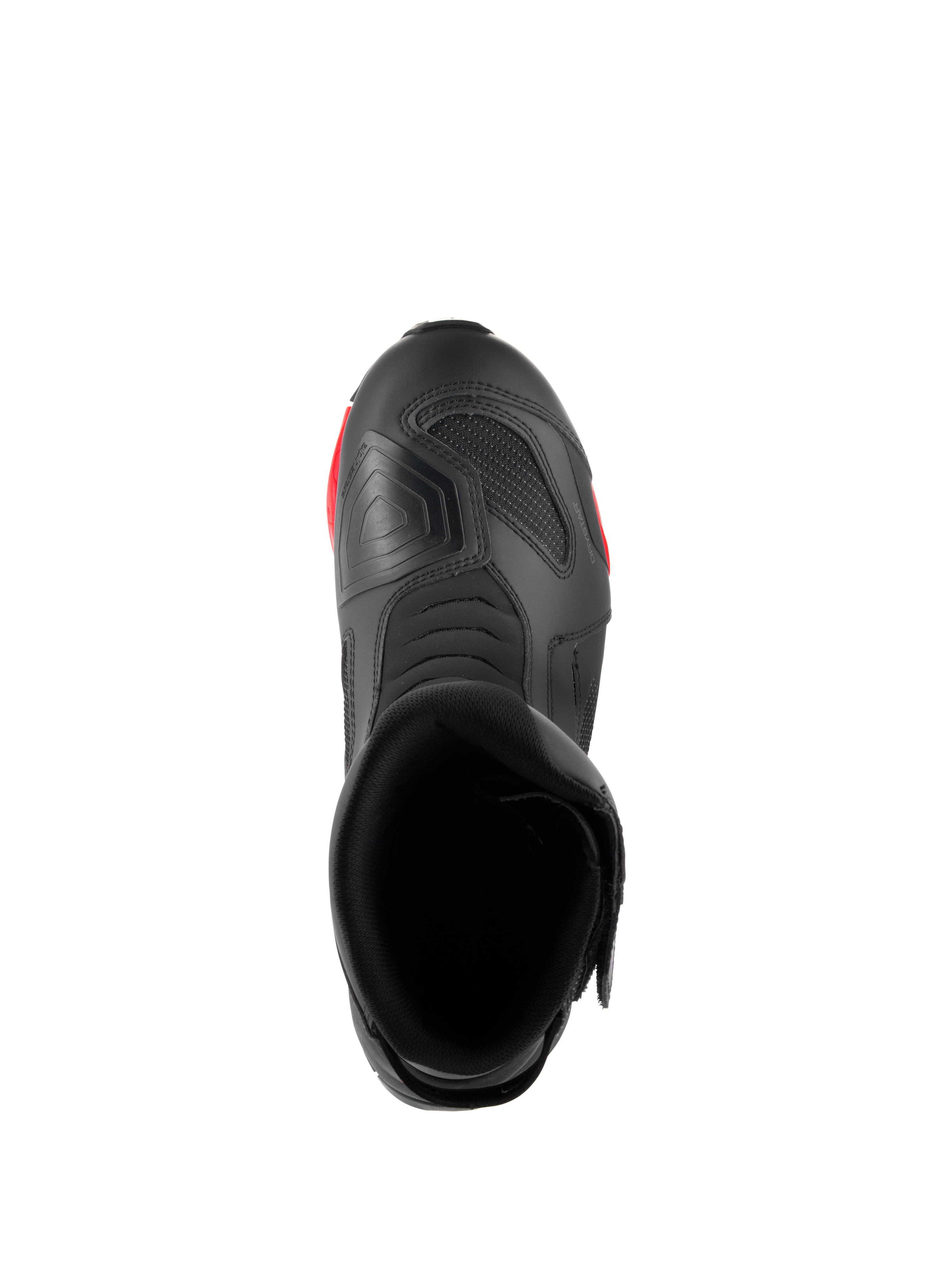 Botas Alpinestars RT-7 Drystar®, botas de turismo para moto, negro y rojo, vista superior que muestra la apertura de la bota, el interior y la almohadilla de cambio texturizada en la puntera