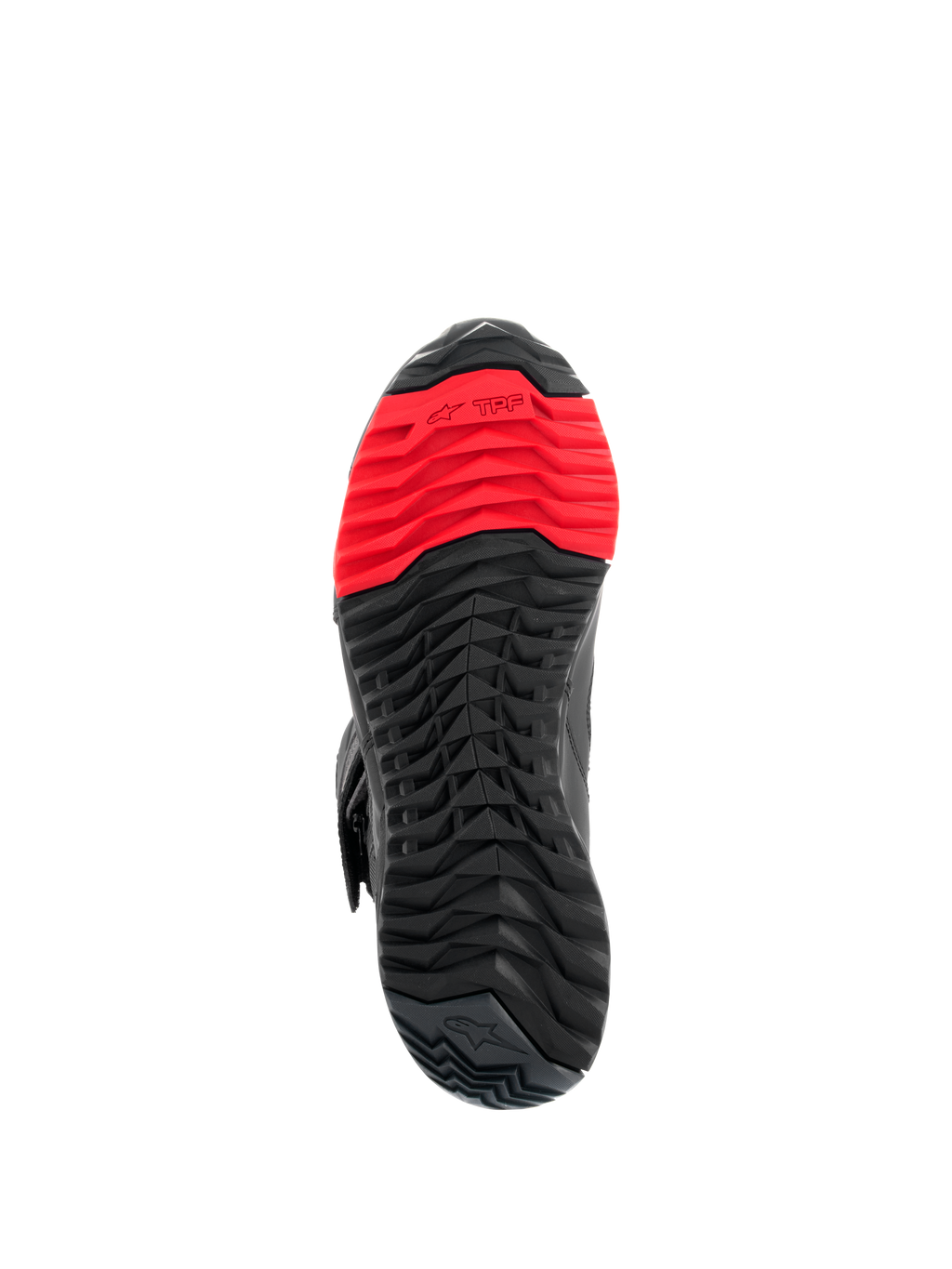 Botas Alpinestars RT-7 Drystar®, vista de la suela, patrón de banda de rodadura con tacos robustos en negro y rojo, con el logotipo TPF Transversal Protection Frame en la parte delantera, diseñadas para la comodidad al conducir y caminar