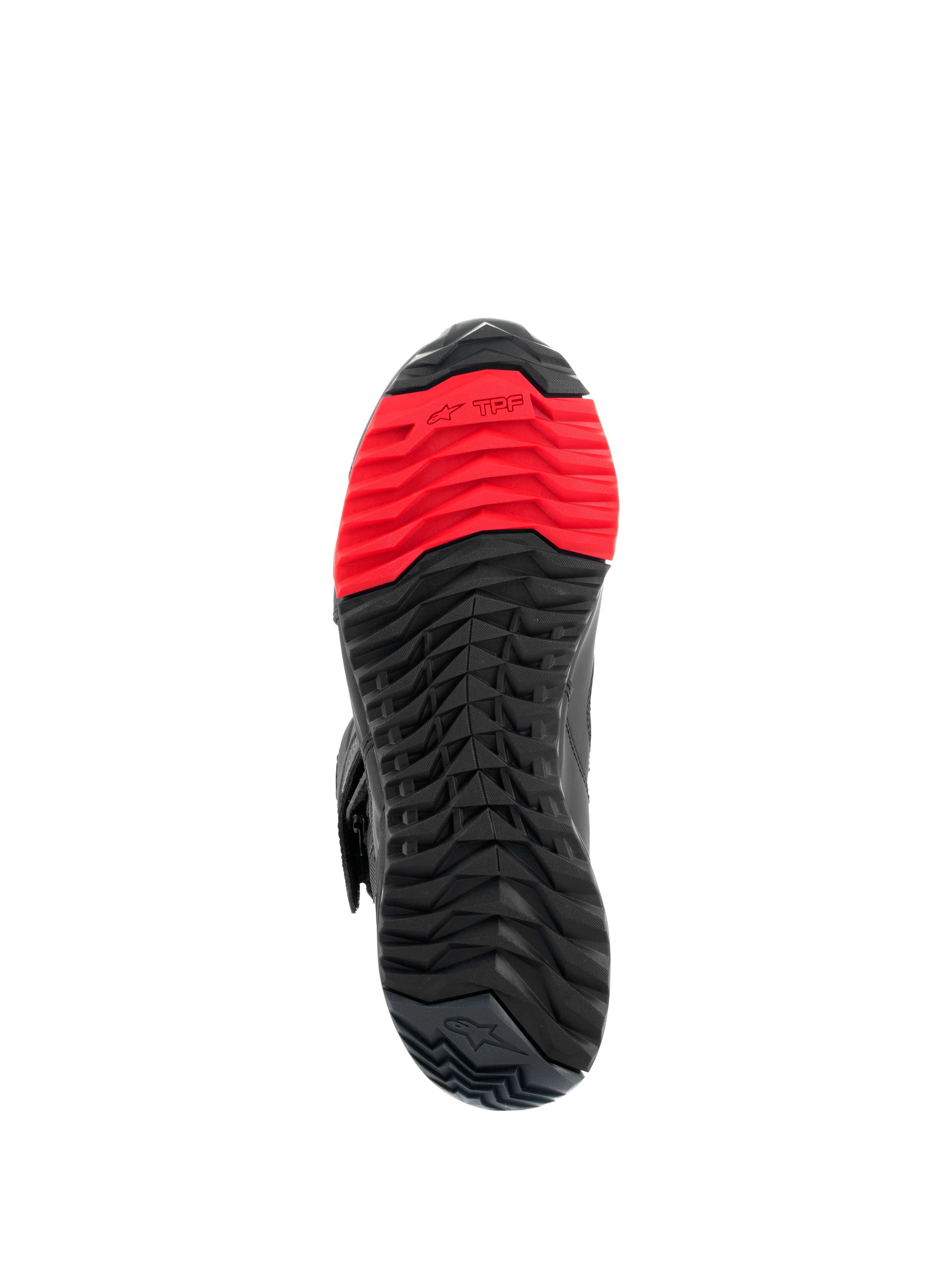 Botas Alpinestars RT-7 Drystar®, vista de la suela, patrón de banda de rodadura con tacos robustos en negro y rojo, con el logotipo TPF Transversal Protection Frame en la parte delantera, diseñadas para la comodidad al conducir y caminar