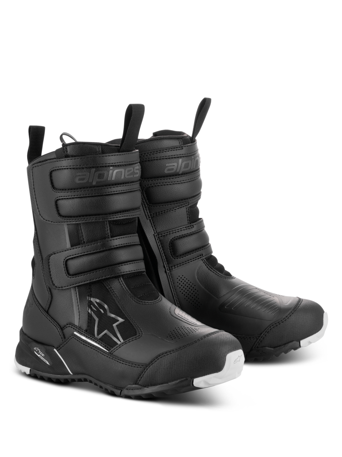 Botas Alpinestars Stella RT-7 Touring Drystar® para mujer, negras, botas de motociclismo de turismo impermeables con tres correas de velcro, entrada de doble cremallera y suela robusta con detalles en blanco.