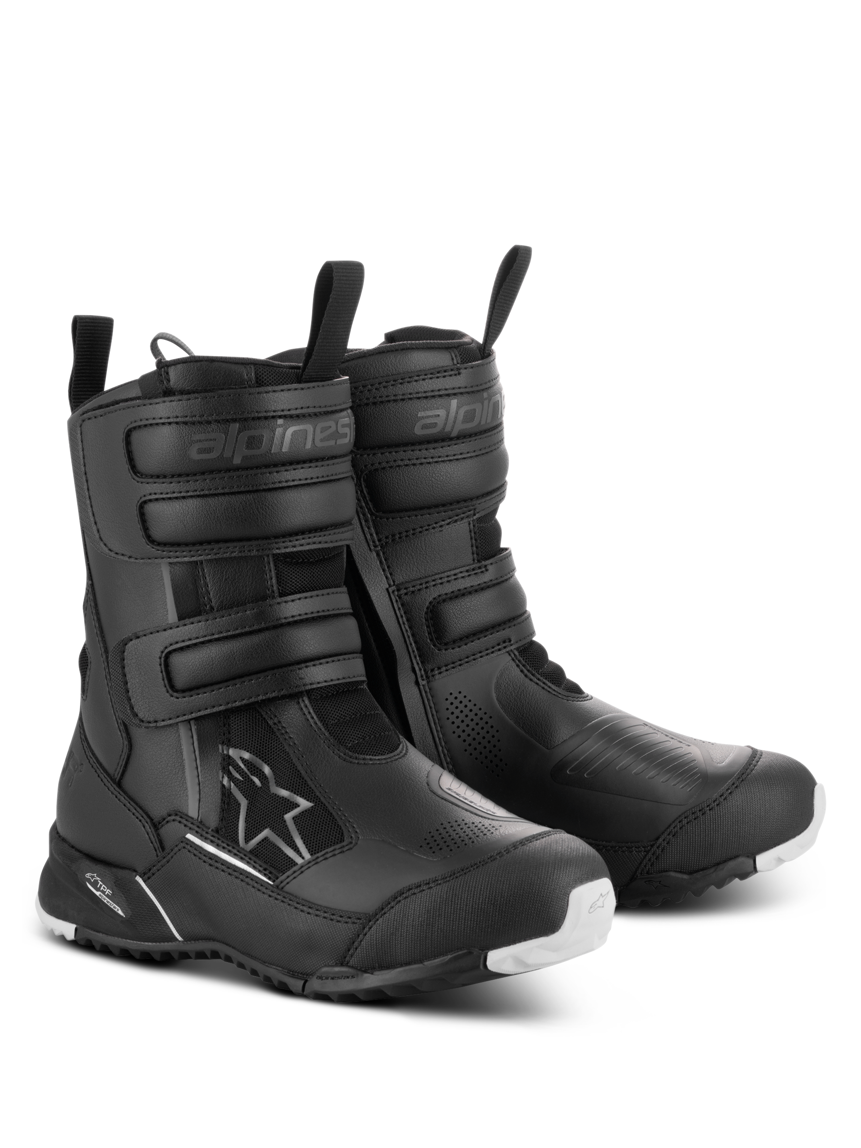 Botas Alpinestars Stella RT-7 Touring Drystar® para mujer, negras, botas de motociclismo de turismo impermeables con tres correas de velcro, entrada de doble cremallera y suela robusta con detalles en blanco.