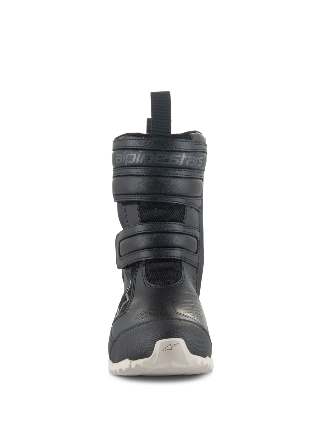 Botas Alpinestars Stella RT-7 Touring Drystar®, botas de moto touring para mujer, color negro, vista frontal con cierres de doble correa de velcro, logotipo de Alpinestars en relieve, parte superior de microfibra técnica y suela con tacos de color claro