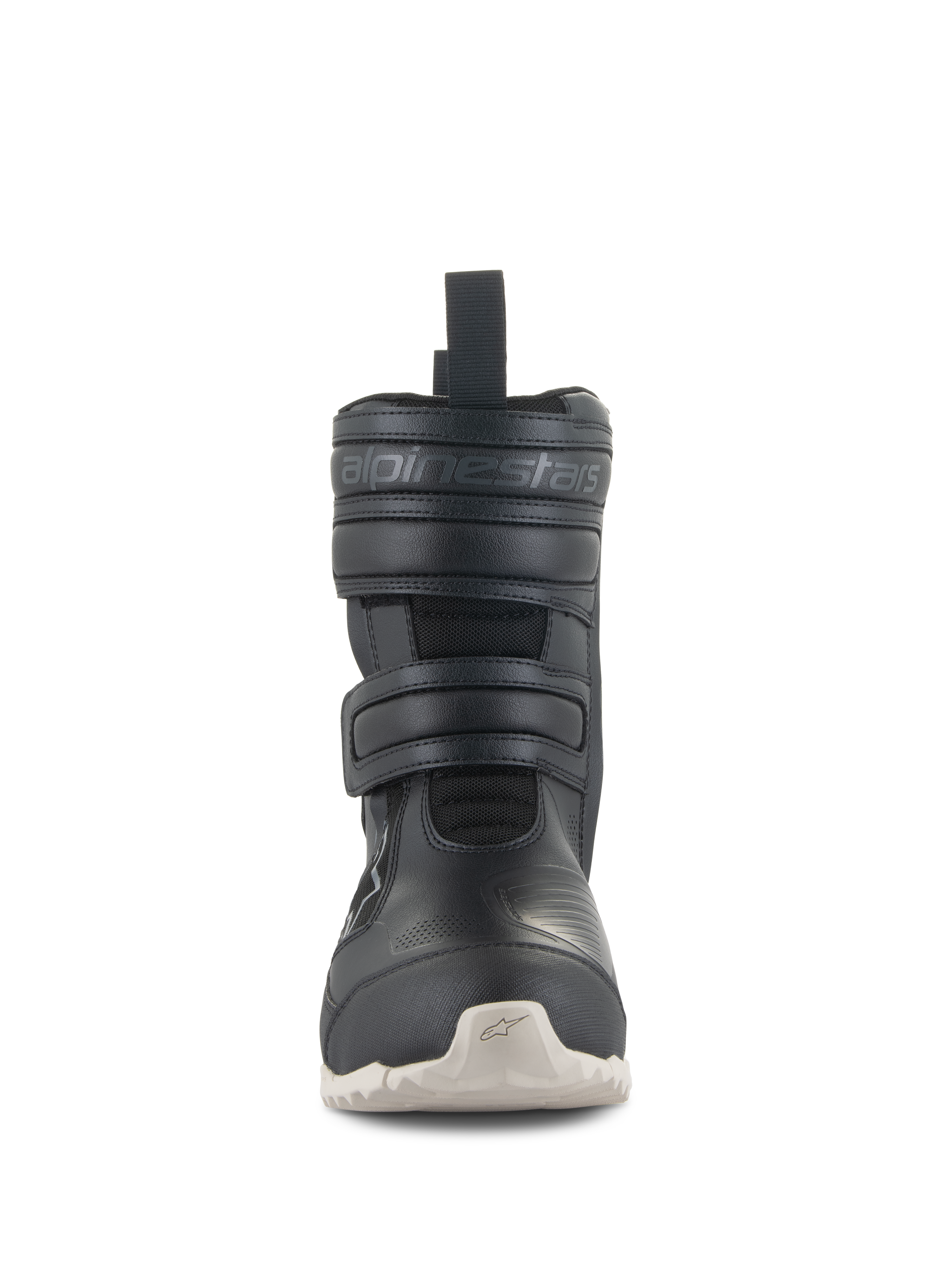 Botas Alpinestars Stella RT-7 Touring Drystar®, botas de moto touring para mujer, color negro, vista frontal con cierres de doble correa de velcro, logotipo de Alpinestars en relieve, parte superior de microfibra técnica y suela con tacos de color claro