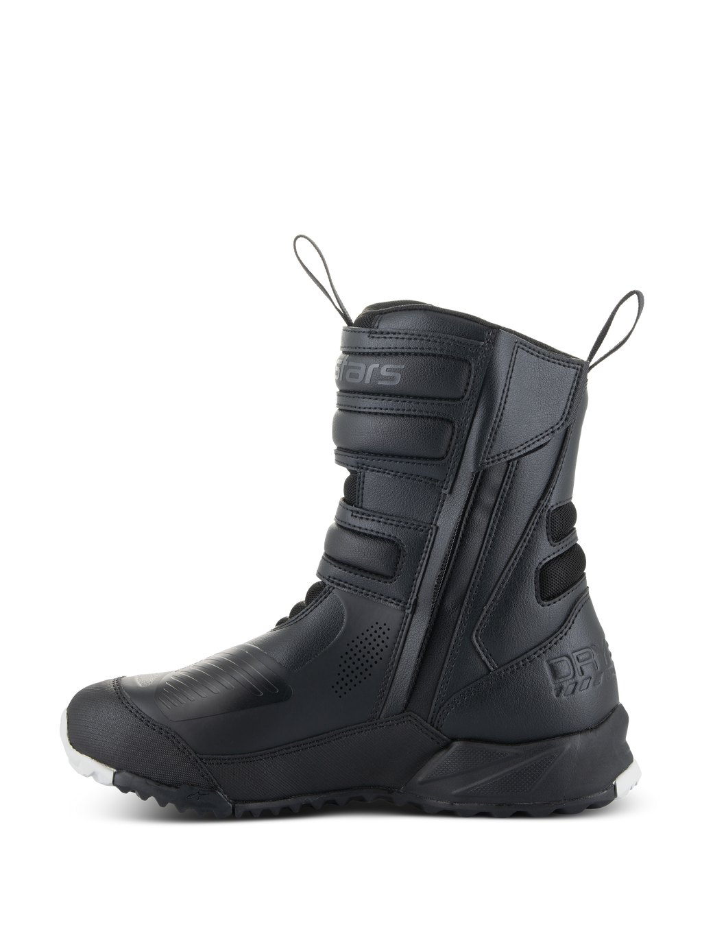Botas Alpinestars Stella RT-7 Touring Drystar® para mujer, botas de moto touring para mujer, negras, vista de perfil lateral que muestra la entrada de doble cremallera, ajustadores de correa de velcro, zonas de protección reforzadas y suela robusta para conducción de aventura
