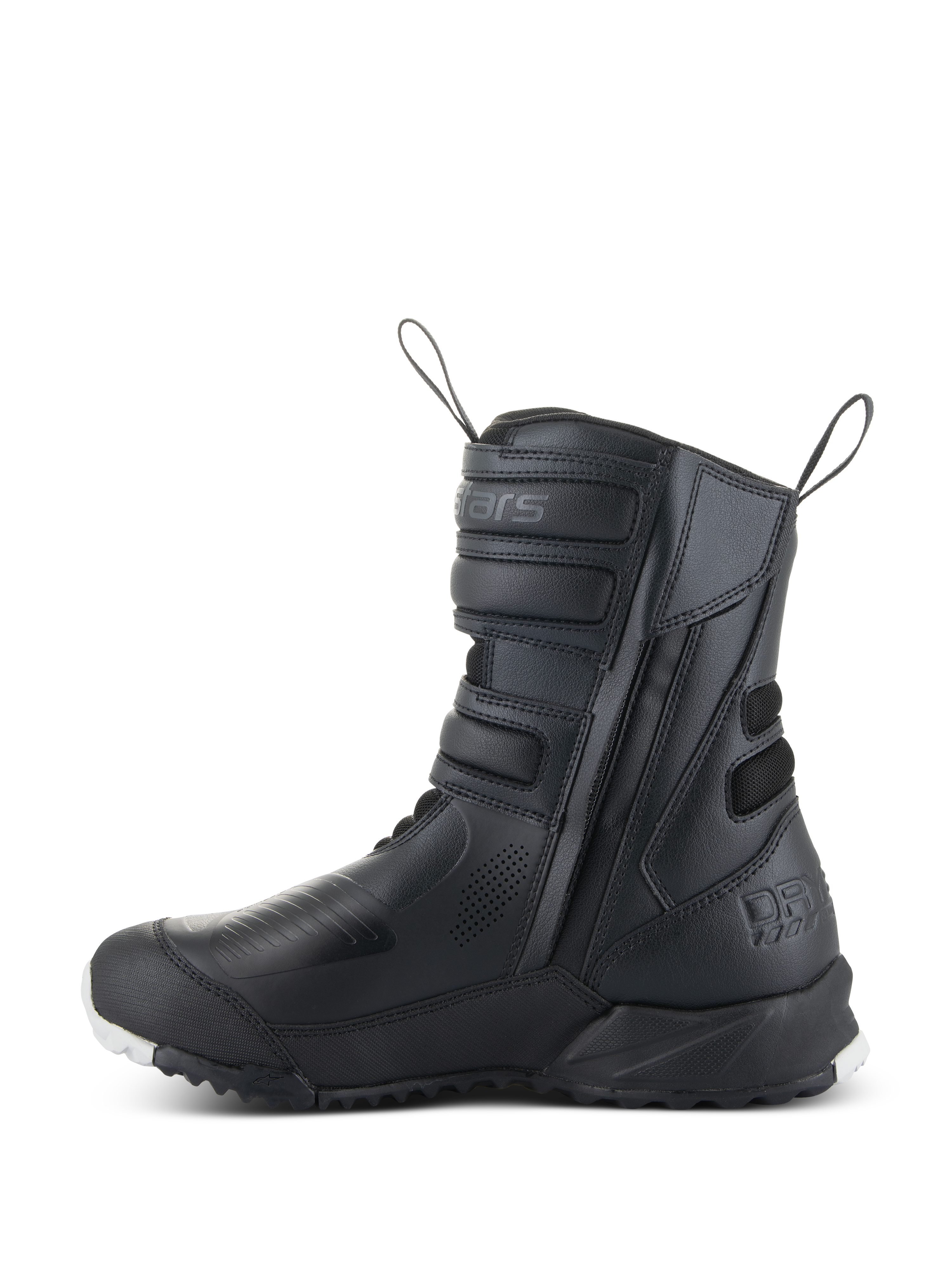 Botas Alpinestars Stella RT-7 Touring Drystar® para mujer, botas de moto touring para mujer, negras, vista de perfil lateral que muestra la entrada de doble cremallera, ajustadores de correa de velcro, zonas de protección reforzadas y suela robusta para conducción de aventura