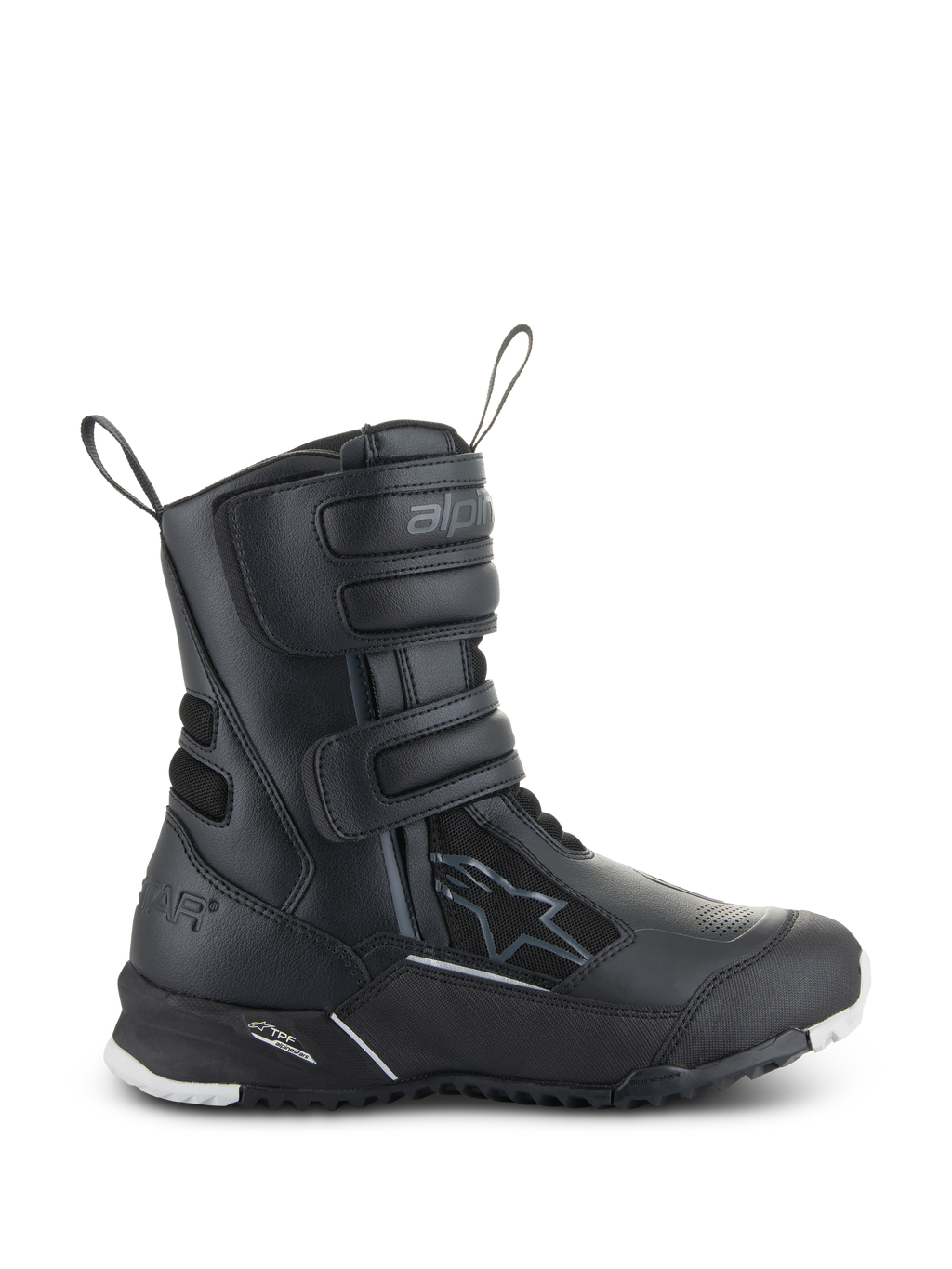 Botas Alpinestars Stella RT-7 Touring Drystar para mujer, botas de moto para touring negras, vista lateral que muestra tres correas de velcro, parte superior de microfibra y tejido impermeable, talón reforzado con logo de estrella y suela de tacos duradera con detalles blancos