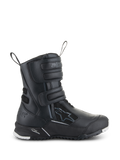 Botas Alpinestars Stella RT-7 Touring Drystar para mujer, botas de moto para touring negras, vista lateral que muestra tres correas de velcro, parte superior de microfibra y tejido impermeable, talón reforzado con logo de estrella y suela de tacos duradera con detalles blancos