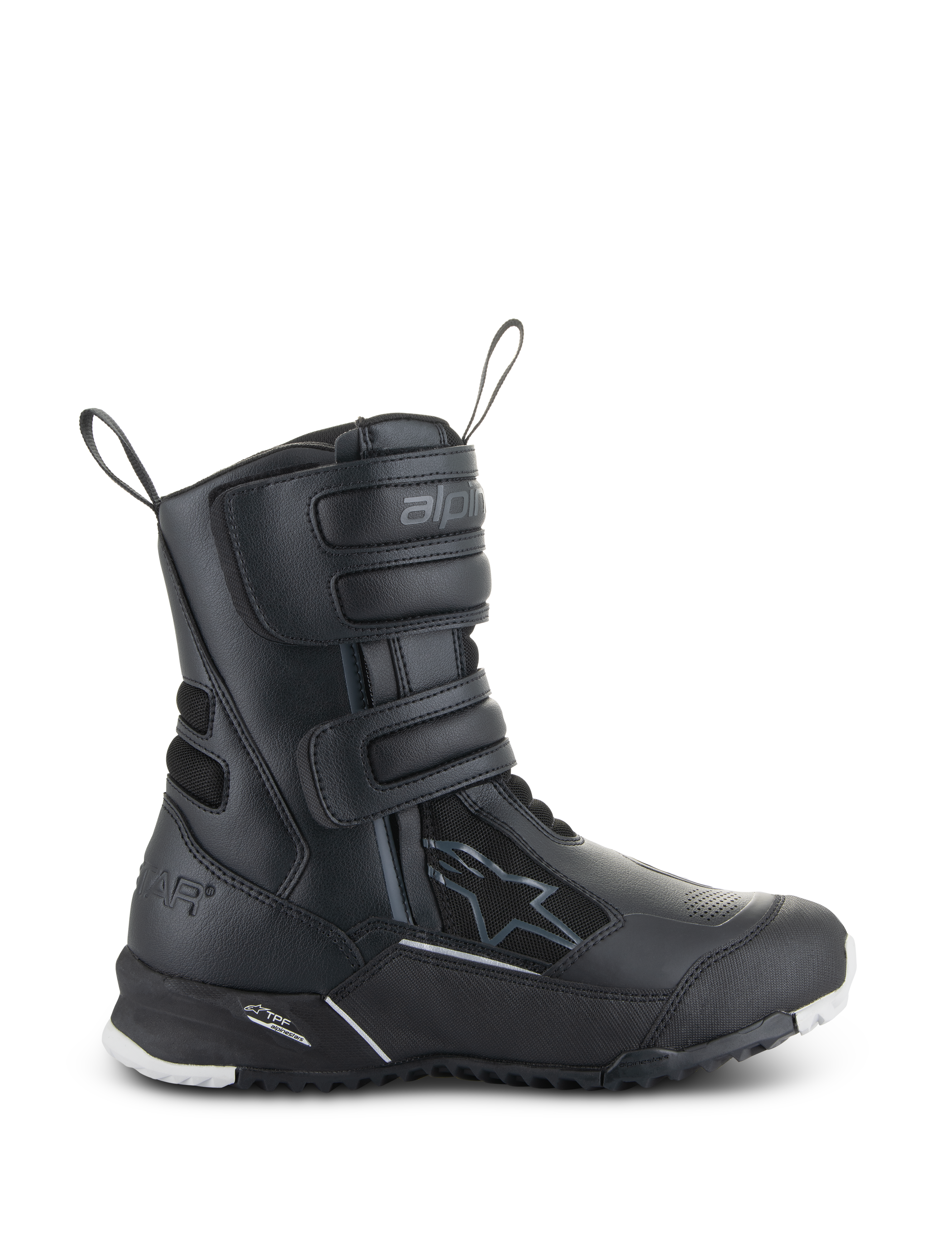 Botas Alpinestars Stella RT-7 Touring Drystar para mujer, botas de moto para touring negras, vista lateral que muestra tres correas de velcro, parte superior de microfibra y tejido impermeable, talón reforzado con logo de estrella y suela de tacos duradera con detalles blancos