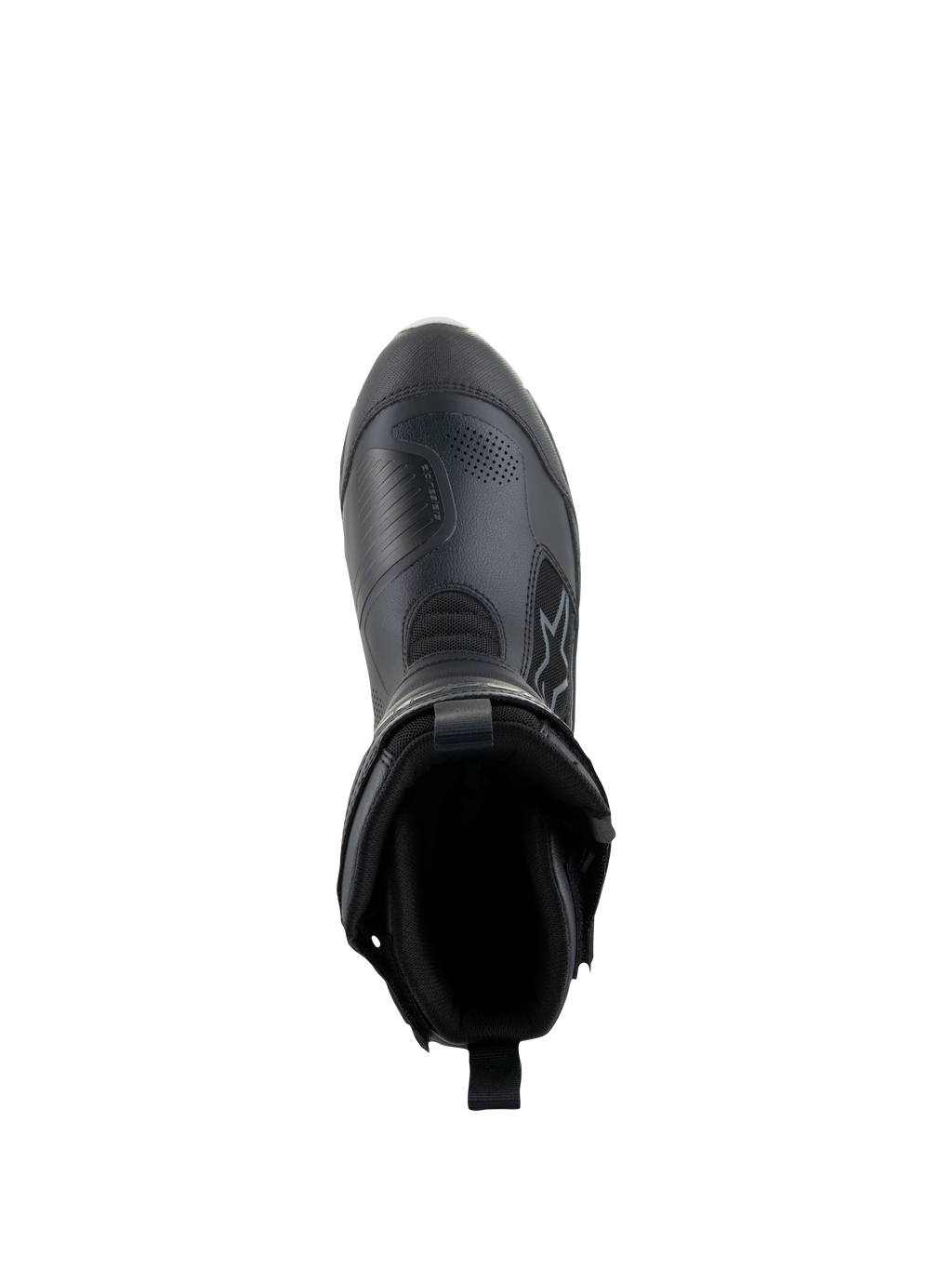 Botas Alpinestars Stella RT-7 Touring Drystar® para mujer, negro, vista superior que muestra la apertura de la bota y el forro interior, construcción avanzada de microfibra y material textil para touring de aventura