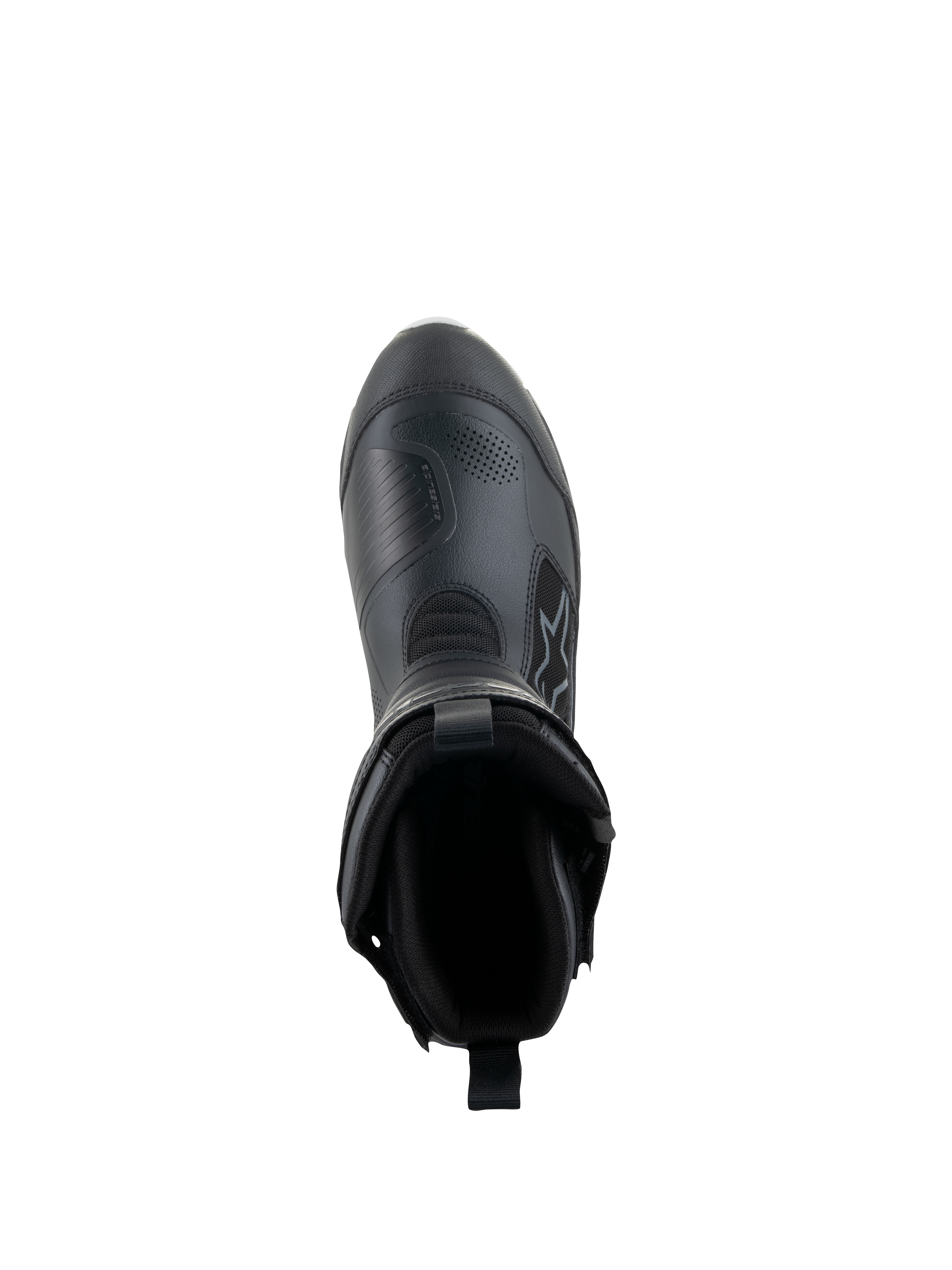 Botas Alpinestars Stella RT-7 Touring Drystar® para mujer, negro, vista superior que muestra la apertura de la bota y el forro interior, construcción avanzada de microfibra y material textil para touring de aventura
