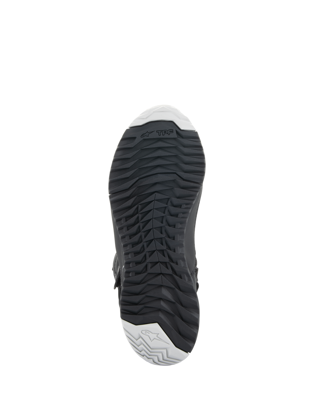 Botas Alpinestars Stella RT-7 Touring Drystar® para mujer, color negro, vista inferior que muestra la suela de goma duradera con un patrón de tacos robusto para mayor agarre, el logotipo de TPF (Transversal Protection Frame) y detalles en gris claro en la puntera y el talón.