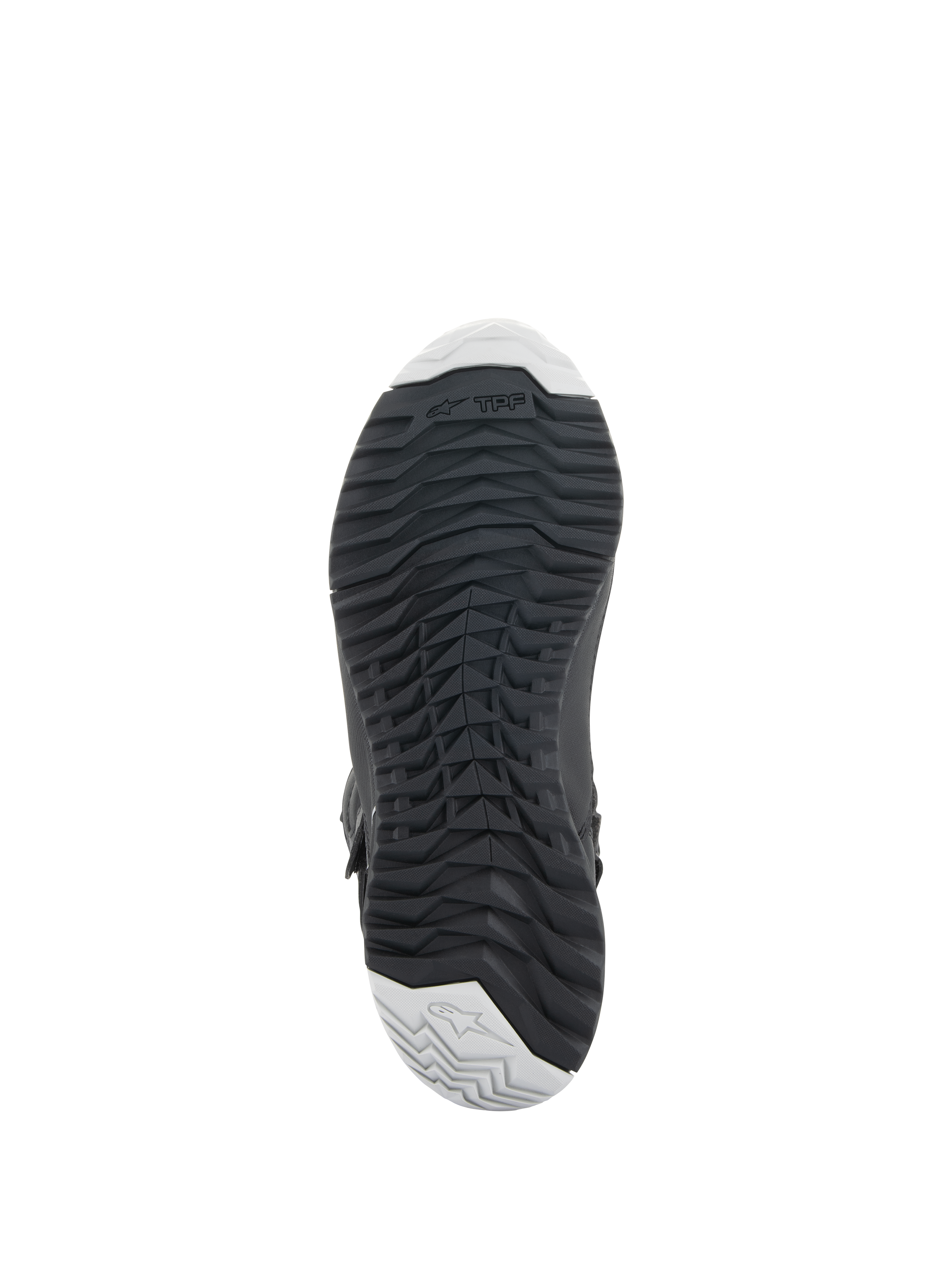 Botas Alpinestars Stella RT-7 Touring Drystar® para mujer, color negro, vista inferior que muestra la suela de goma duradera con un patrón de tacos robusto para mayor agarre, el logotipo de TPF (Transversal Protection Frame) y detalles en gris claro en la puntera y el talón.