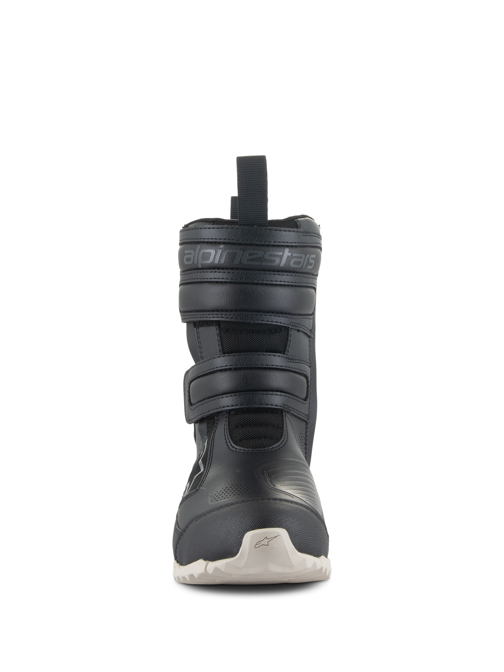 Botas Alpinestars Stella RT-7 Touring Drystar® para mujer, botas de touring para moto negras con suela blanca, vista frontal con doble cierre de correas de velcro y logotipo de Alpinestars grabado, diseño técnico para conducción en carretera y aventura