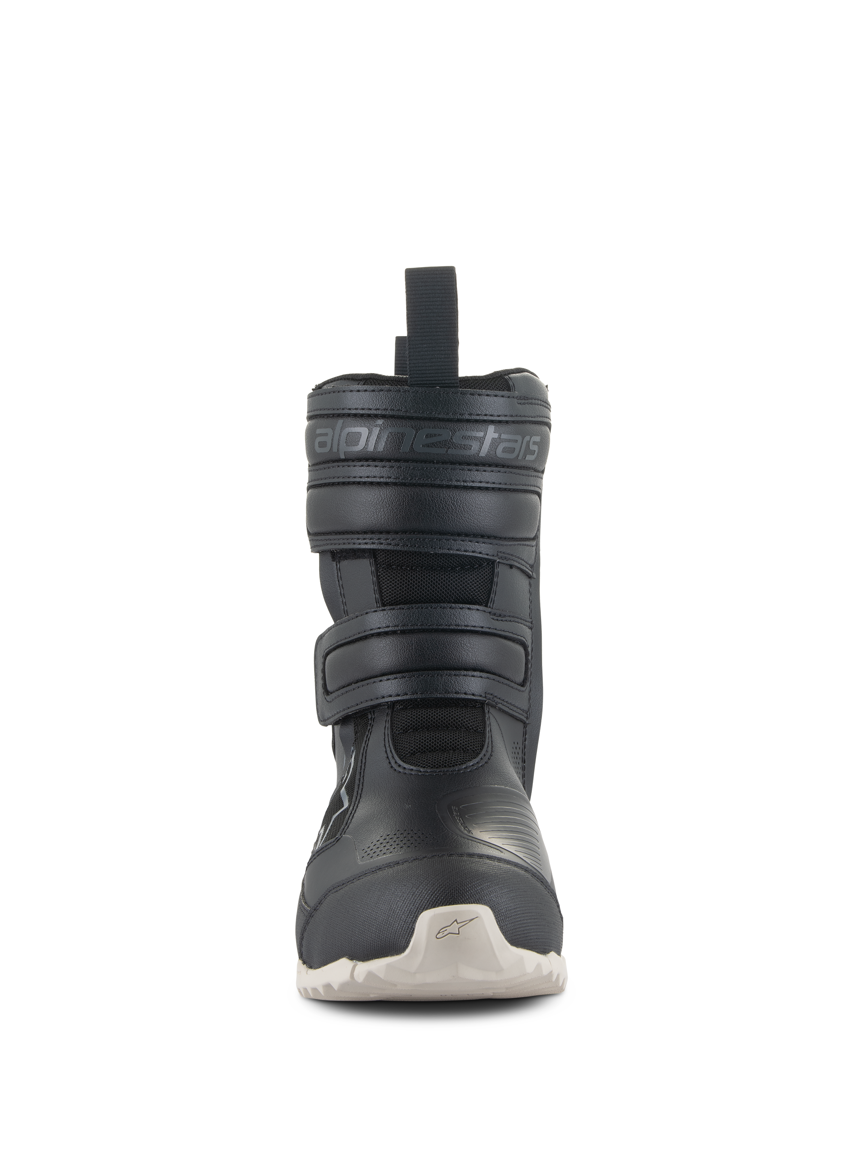 Botas Alpinestars Stella RT-7 Touring Drystar® para mujer, botas de touring para moto negras con suela blanca, vista frontal con doble cierre de correas de velcro y logotipo de Alpinestars grabado, diseño técnico para conducción en carretera y aventura