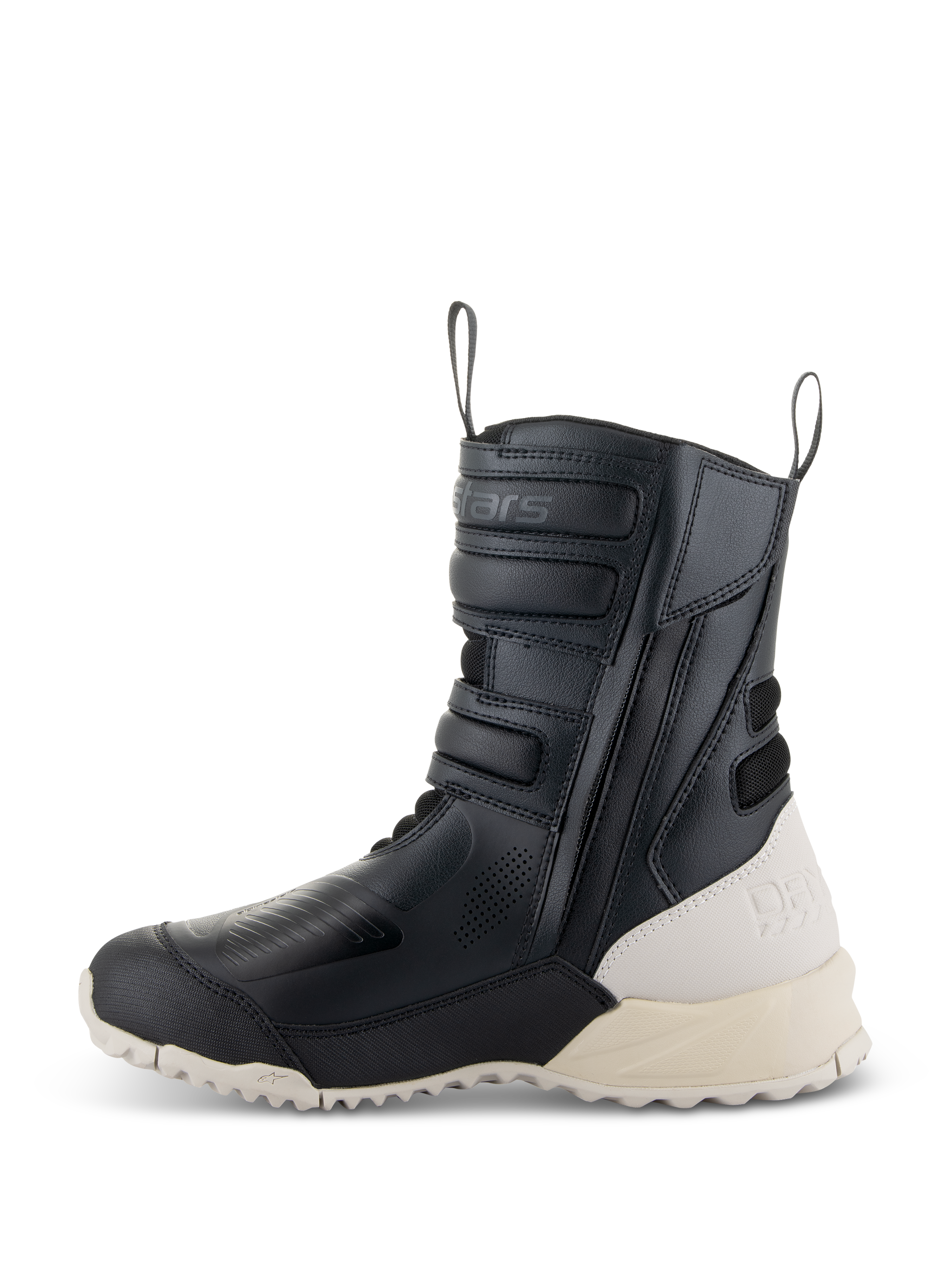 Botas Alpinestars Stella RT-7 Touring Drystar® para mujer, negro y blanco, perfil lateral de una bota alta de motociclismo para touring con confección en microfibra, cremallera lateral con correas ajustables y talón y suela en blanco roto en contraste.