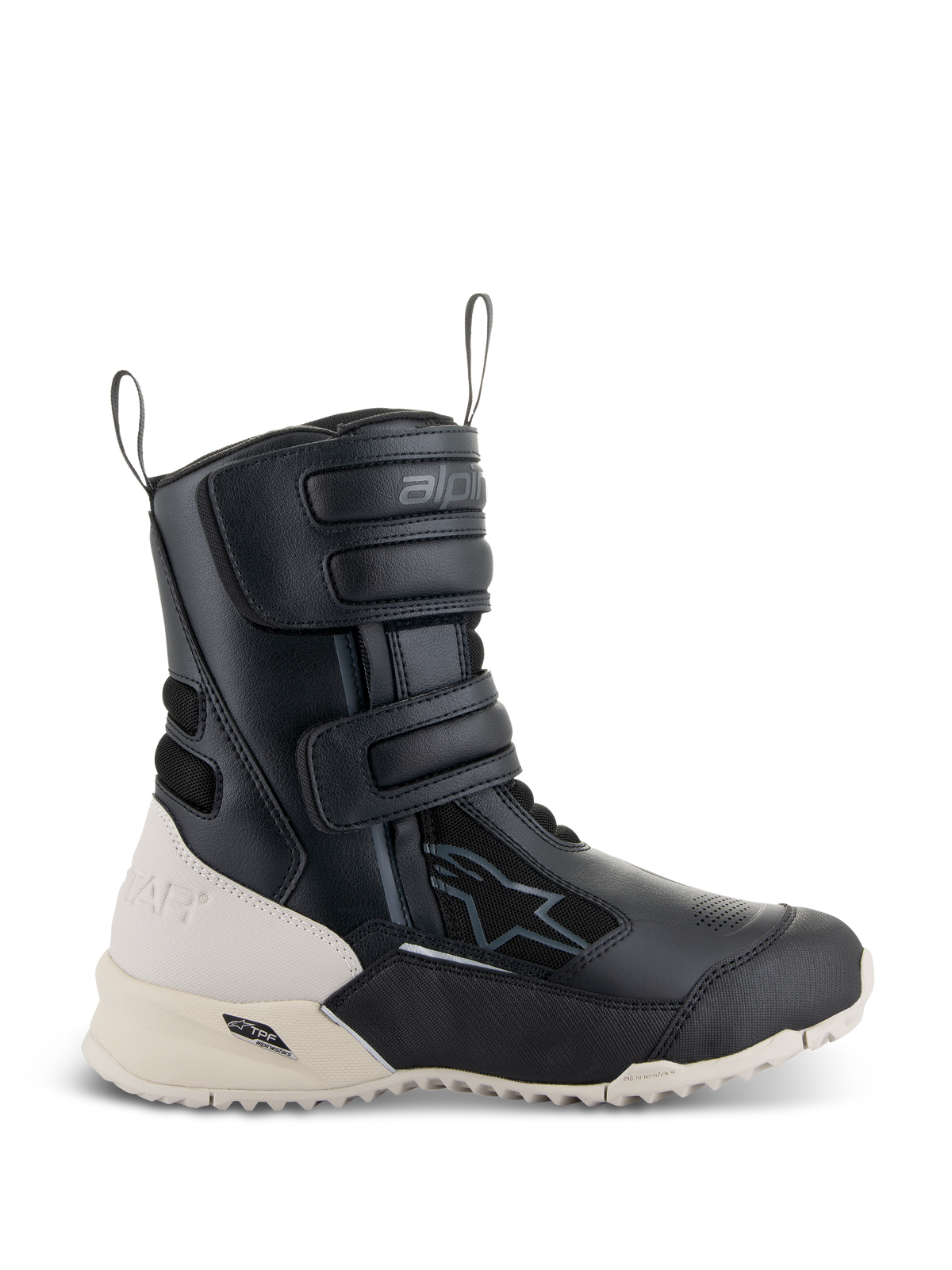 Botas Alpinestars Stella RT-7 Touring Drystar para mujer, botas de moto para touring, en negro y blanco, con tres correas de velcro ajustables, tiradores delanteros y traseros, y suela de tacos robusta con marco de soporte TPF
