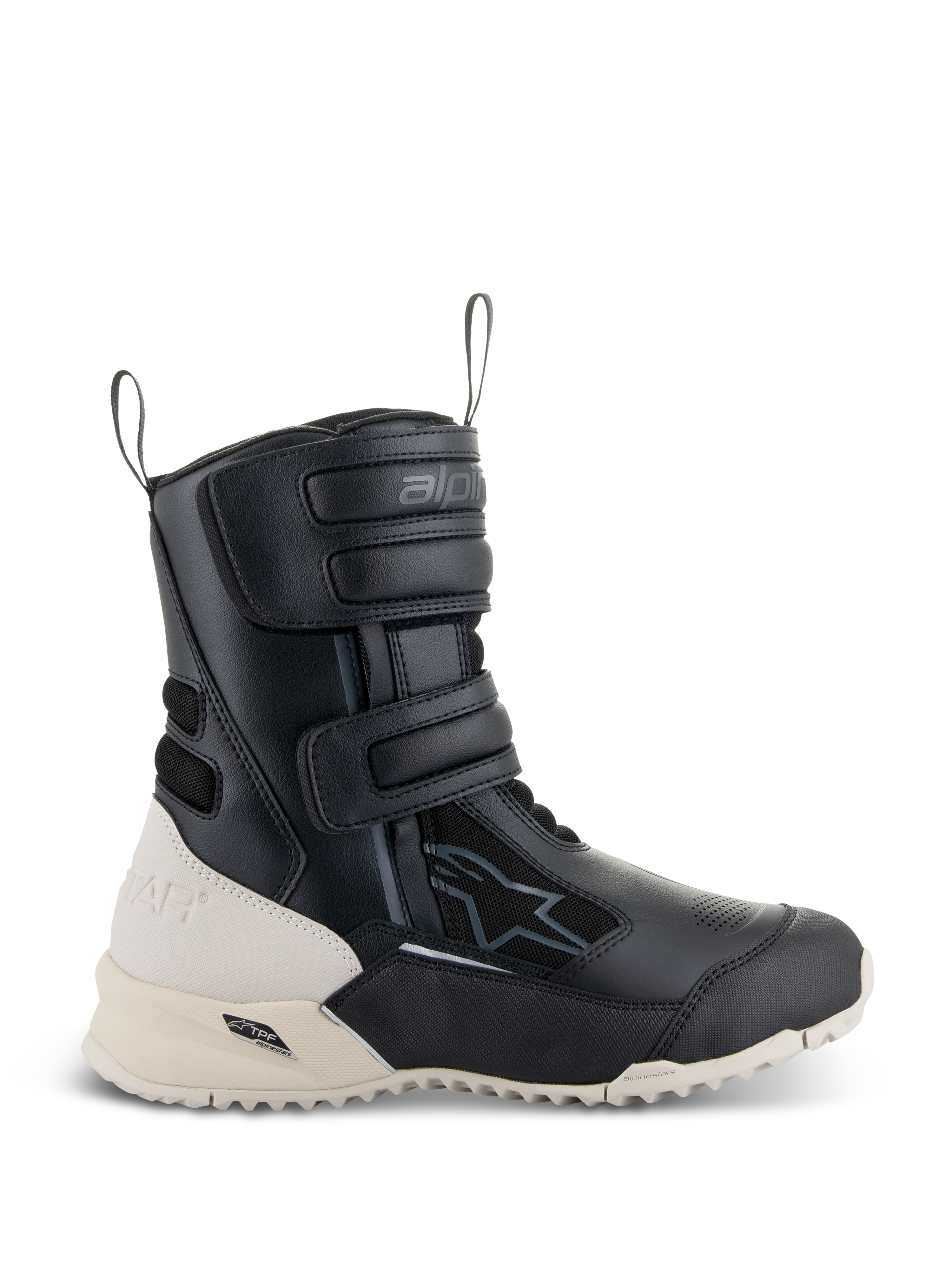 Botas Alpinestars Stella RT-7 Touring Drystar para mujer, botas de moto para touring, en negro y blanco, con tres correas de velcro ajustables, tiradores delanteros y traseros, y suela de tacos robusta con marco de soporte TPF