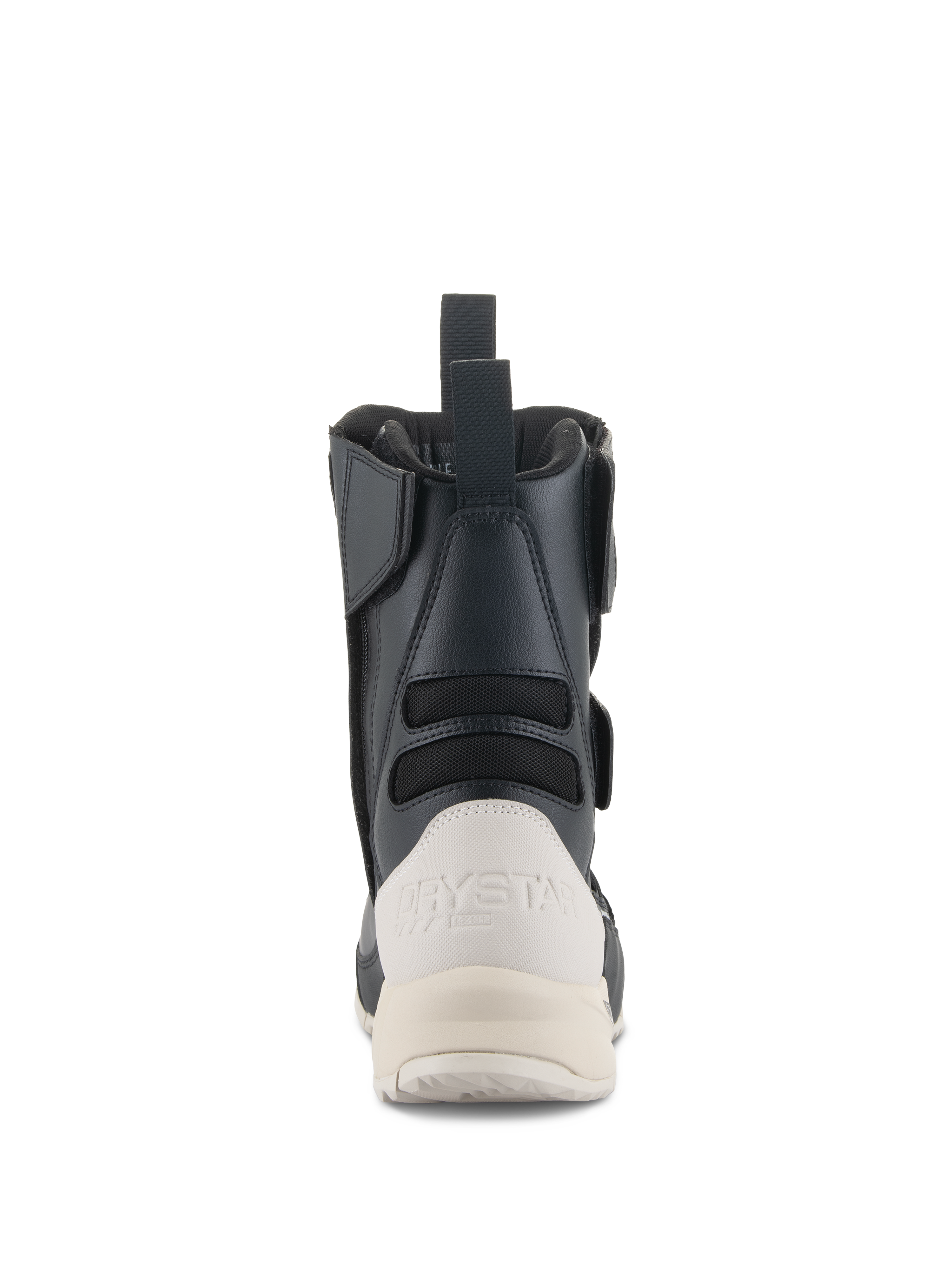Botas Alpinestars Stella RT-7 Touring Drystar® para mujer, vista trasera, negro y blanco, con un contrarrefuerzo del talón blanco reforzado con la marca Drystar, un tirador trasero y paneles textiles de acordeón para mayor flexibilidad.