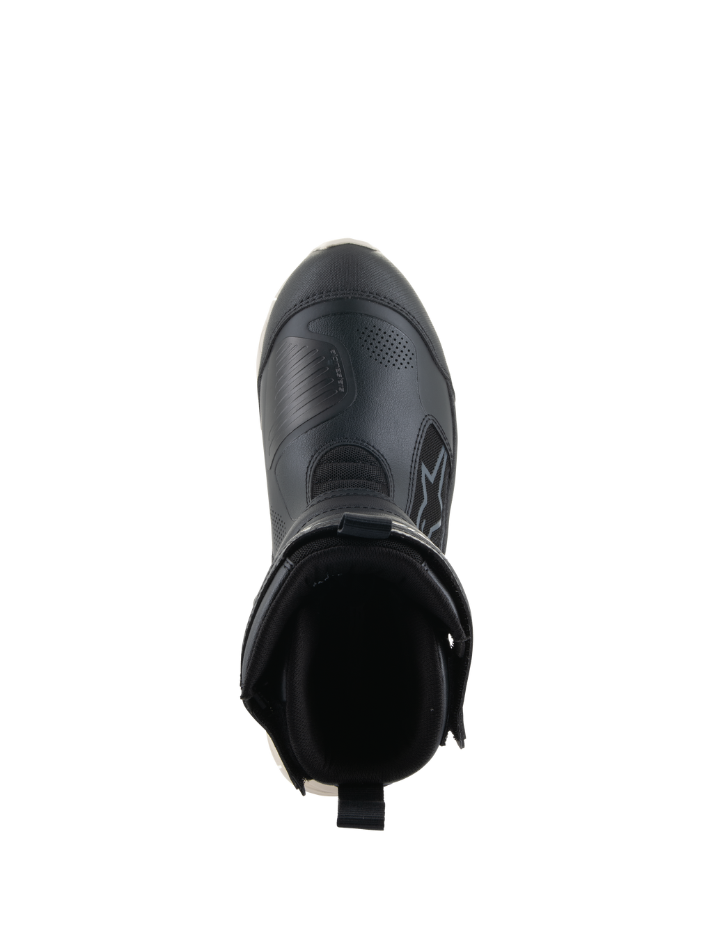 Botas Alpinestars Stella RT-7 Touring Drystar®, botas de moto de touring para mujer, negro y blanco, vista superior mirando hacia la abertura de la bota, con cuello acolchado, tirador trasero y parte superior de microfibra duradera con el logotipo de Alpinestars.