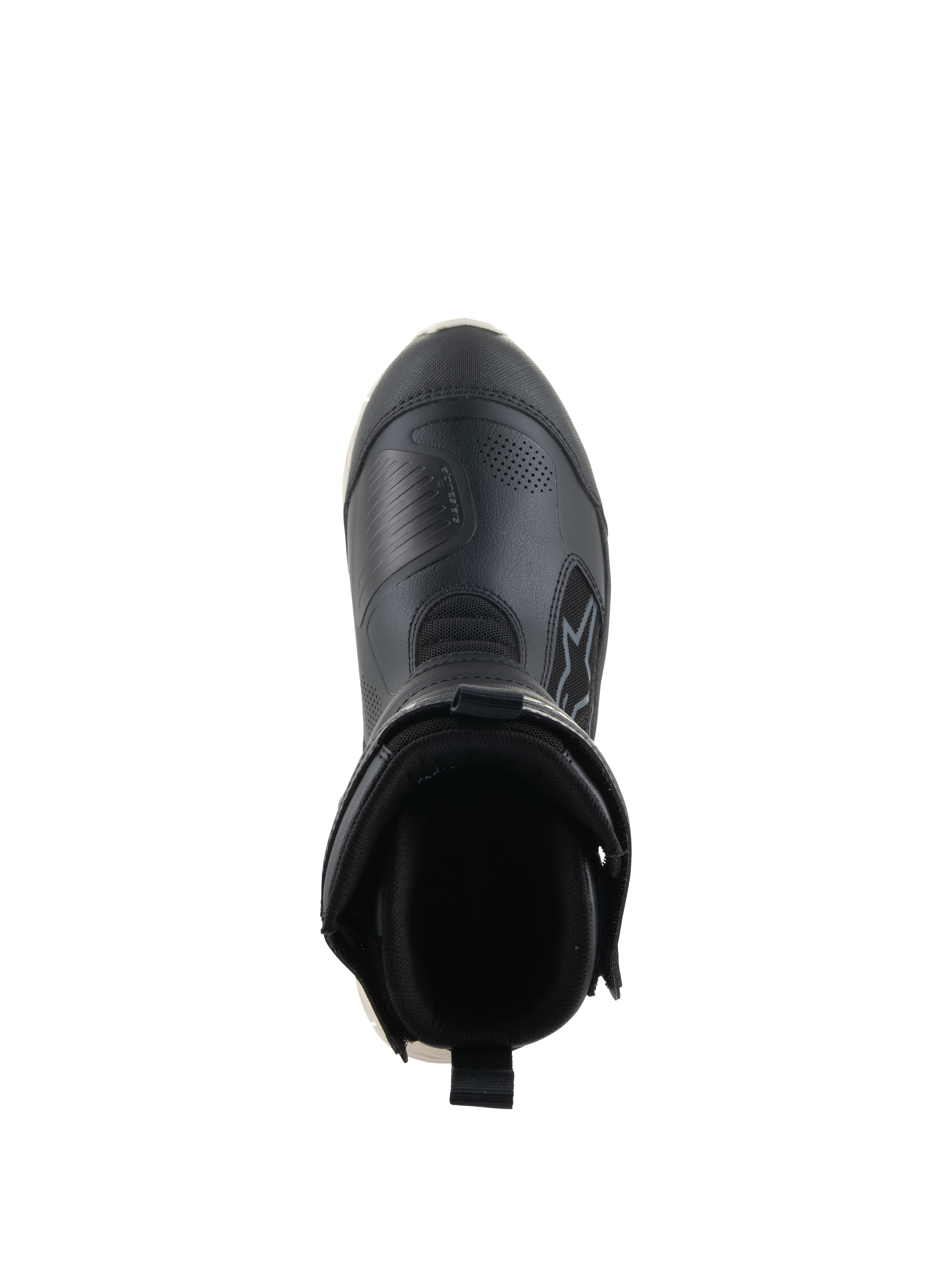 Botas Alpinestars Stella RT-7 Touring Drystar®, botas de moto de touring para mujer, negro y blanco, vista superior mirando hacia la abertura de la bota, con cuello acolchado, tirador trasero y parte superior de microfibra duradera con el logotipo de Alpinestars.