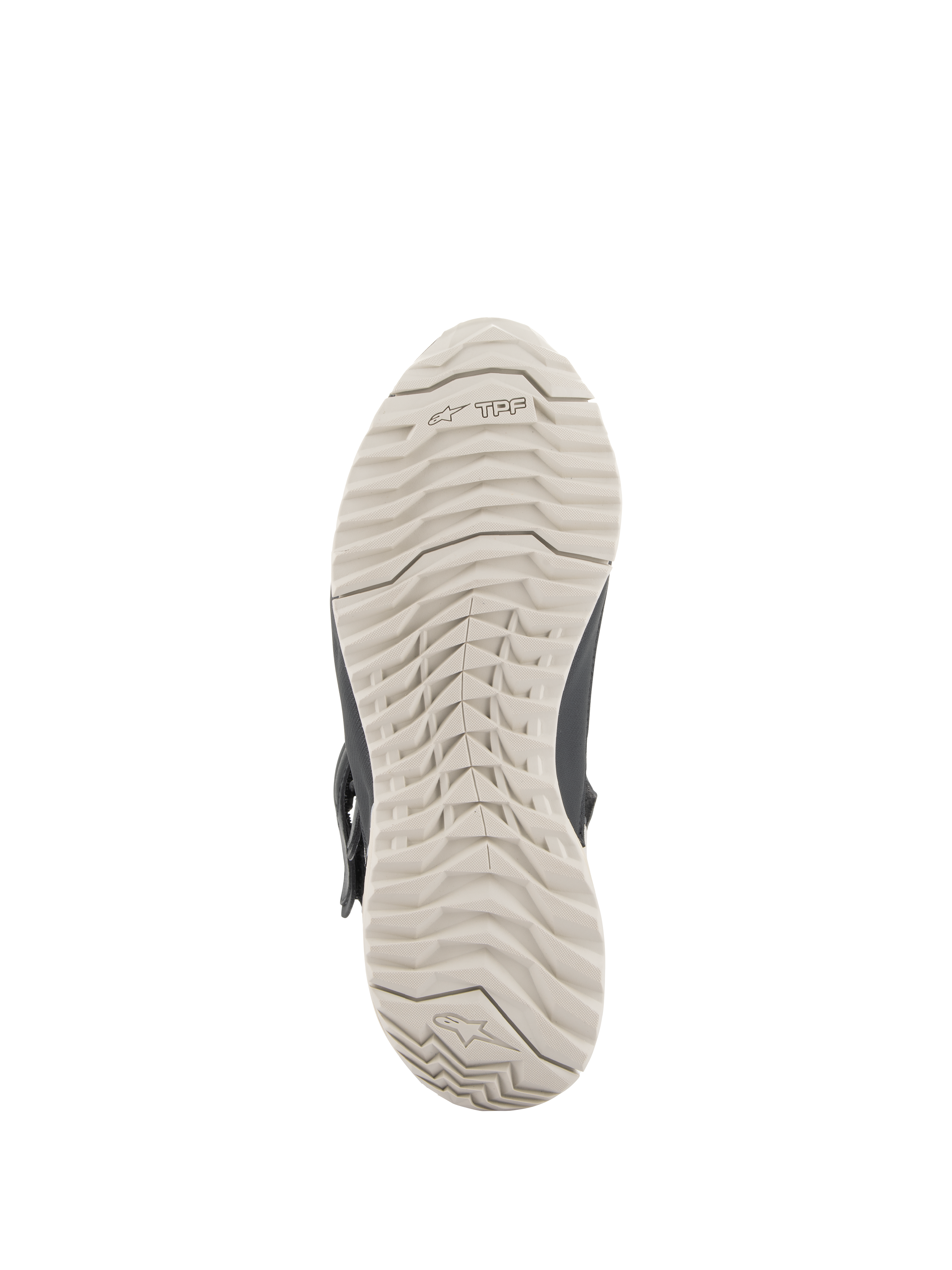 Botas Stella RT-7 Touring Drystar® de Alpinestars para mujer, vista de la suela, suela de goma gris claro con un patrón de tacos resistente y logotipo TPF, diseñada para tracción y soporte del marco de protección transversal