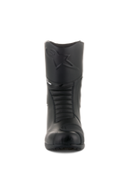 Alpinestars Andes V2 Drystar® Boots, Black Touring Motorcycle Boots, Front view showing embossed Alpinestars logo on the shin, accordion flex zones for movement, leather construction with a textured shift pad